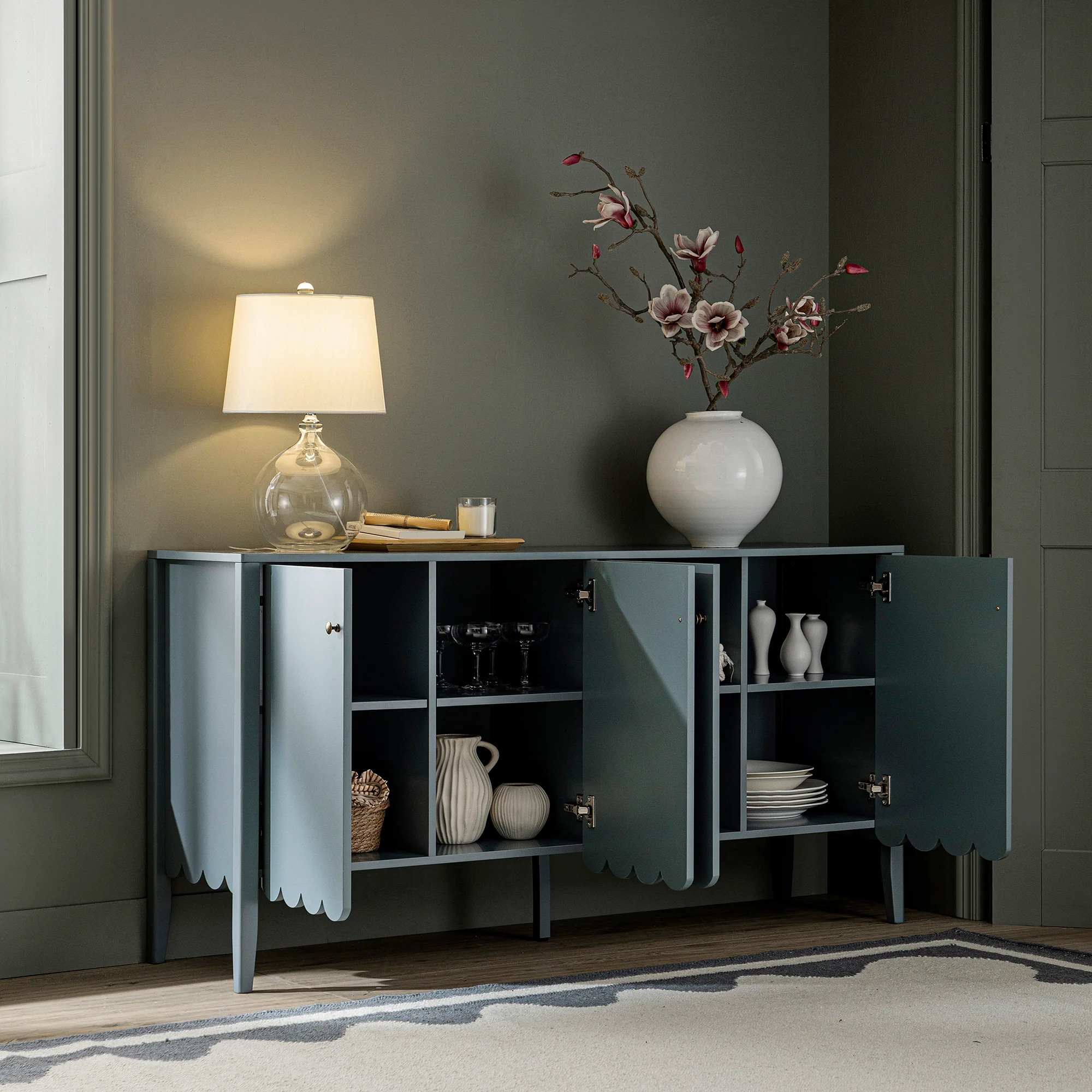 Henley Scalloped Edge 150cm Wide Sideboard, Blue Spruce - Image 2
