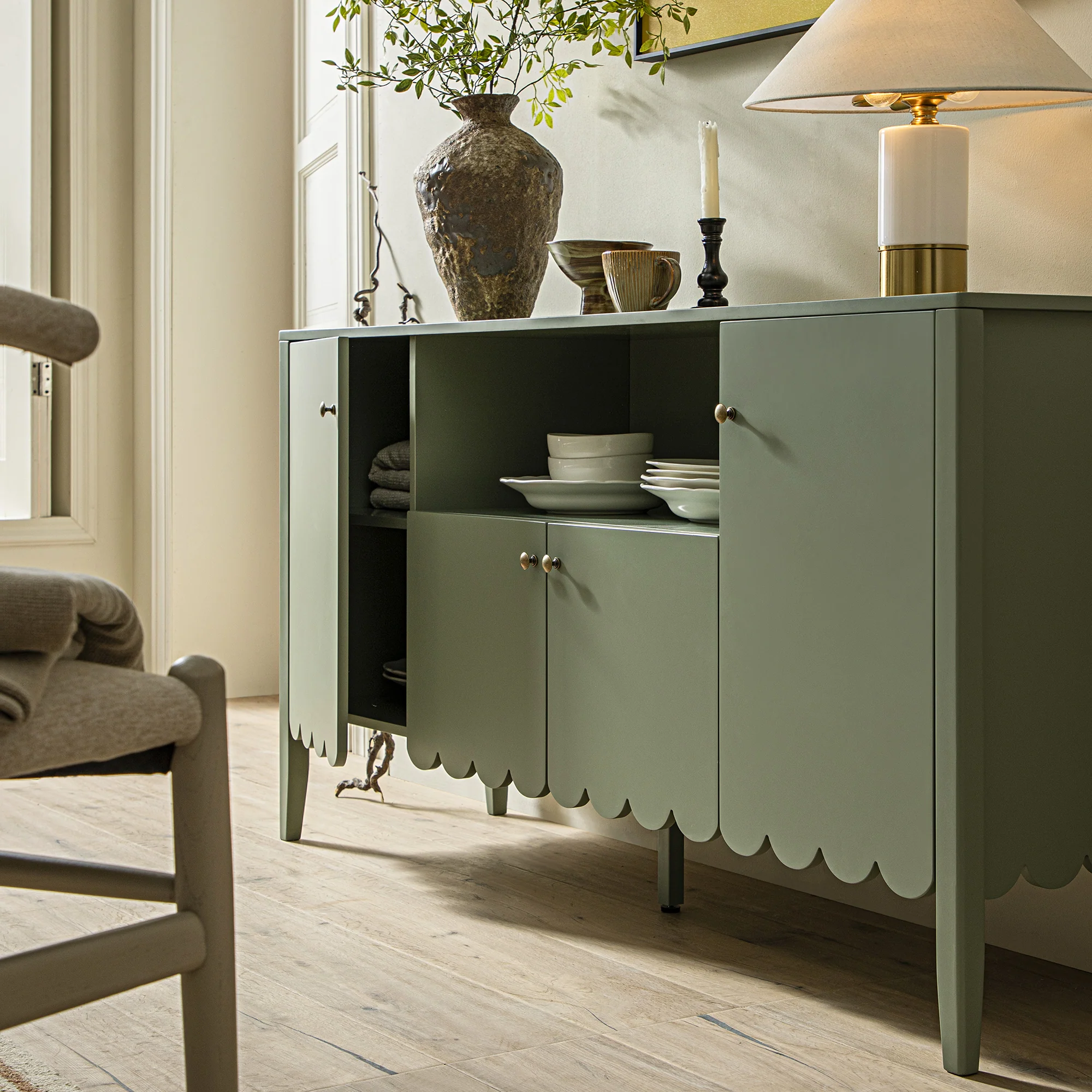 Henley Scalloped Edge 150cm Wide Sideboard with Open Shelf, Sage Green - Image 4