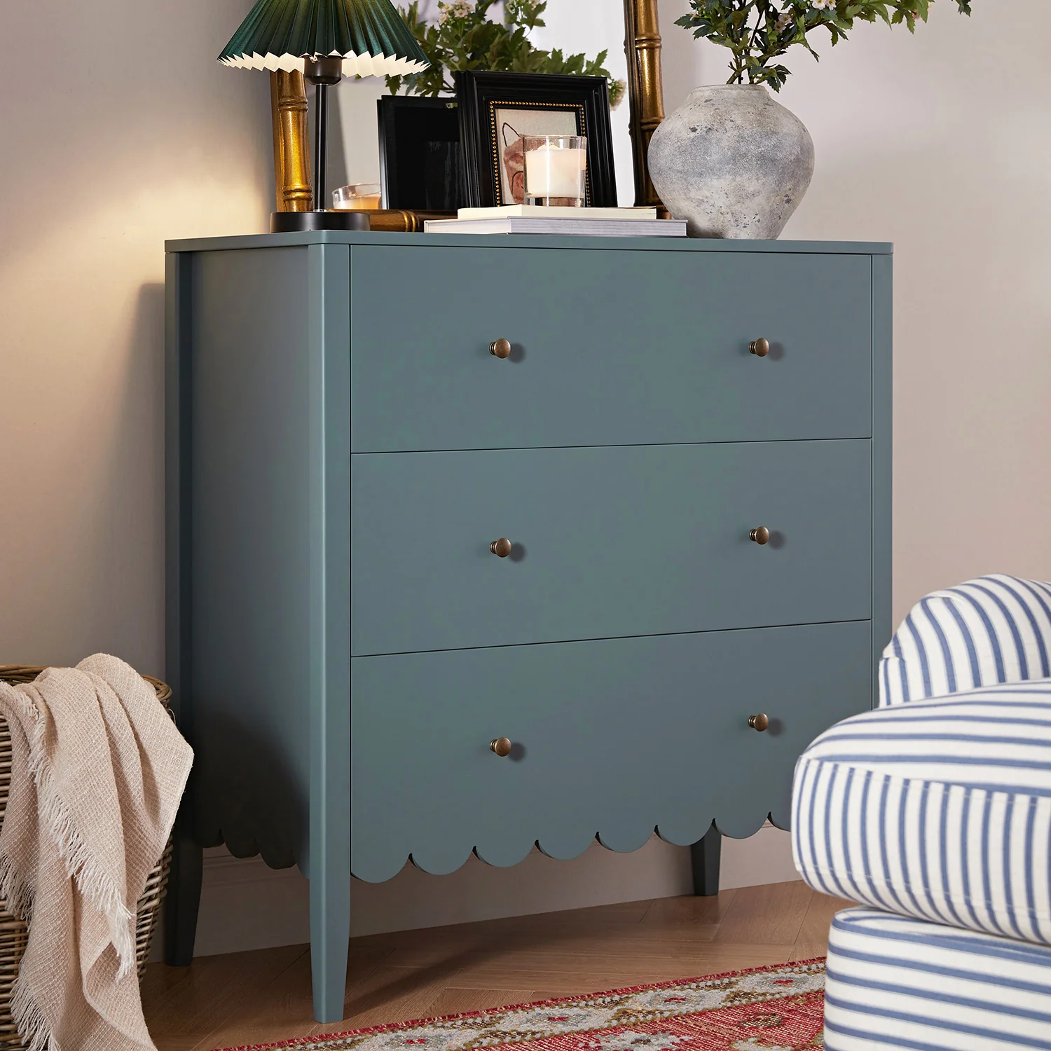Henley Scalloped Edge 3 Drawer Chest, Blue Spruce - Image 2