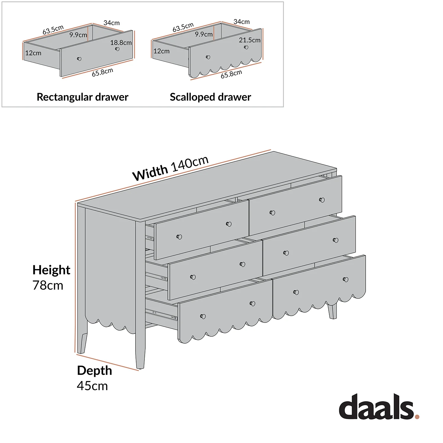 Henley Scalloped Edge 6 Drawer 140cm Wide Chest, Light Sand - Image 7