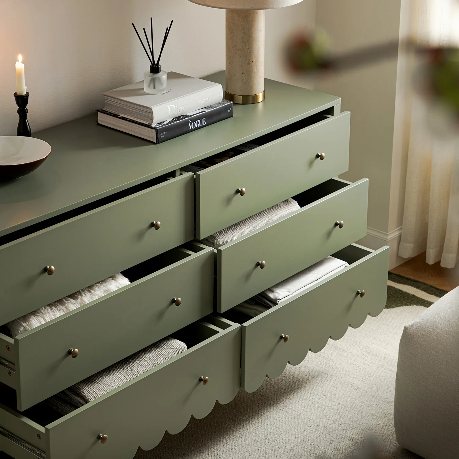 Henley Scalloped Edge 6 Drawer 140cm Wide Chest, Sage Green - Image 3