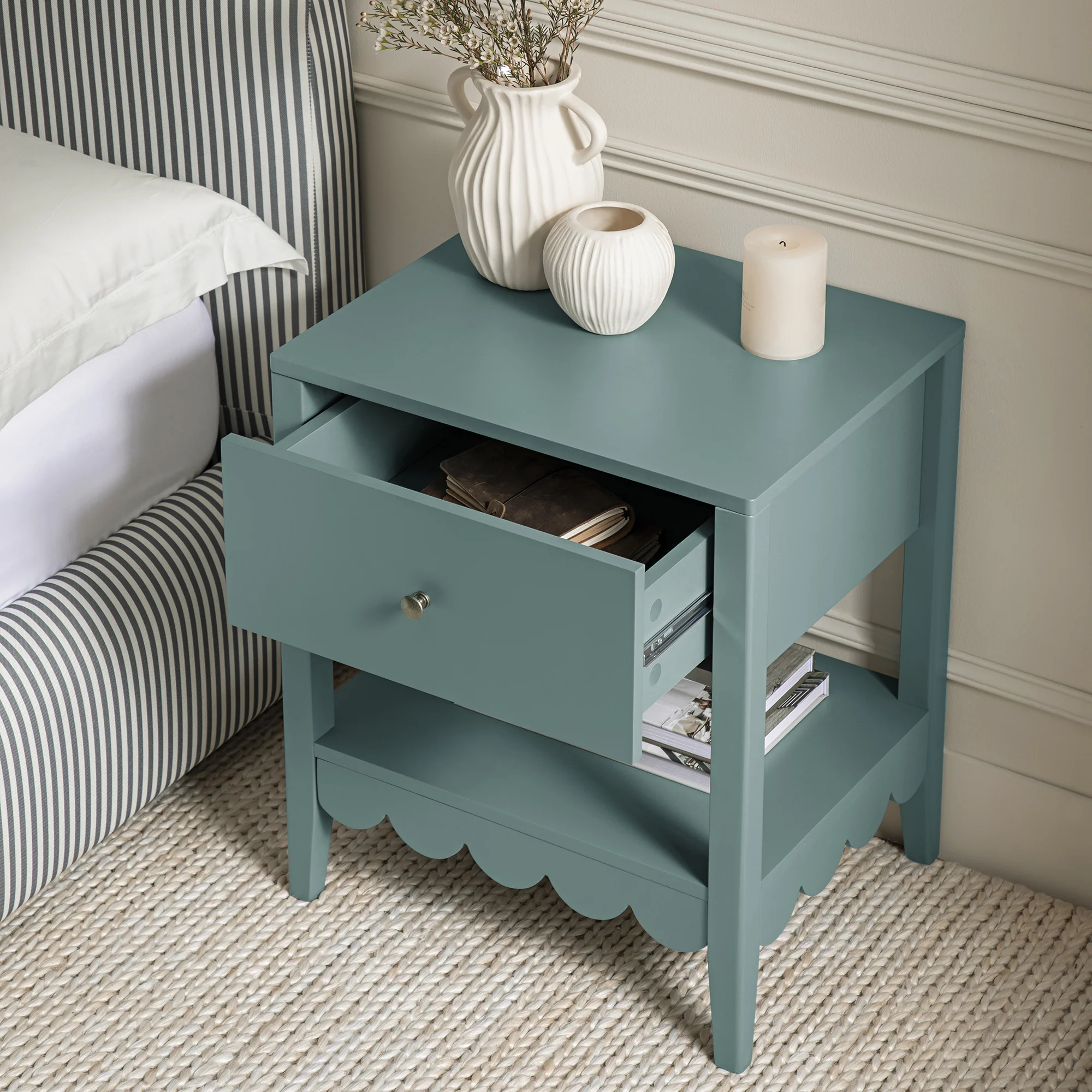 Henley Scalloped Edge Bedside Table with Drawer, Blue Spruce - Image 3