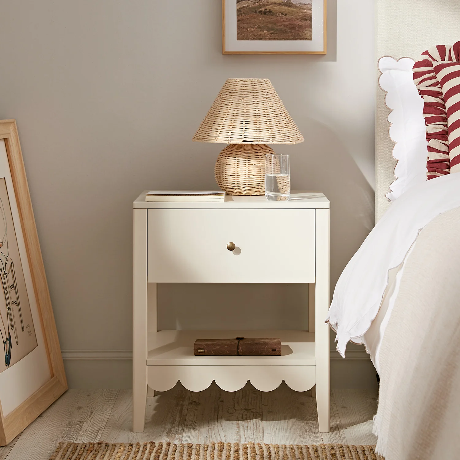 Henley Scalloped Edge Bedside Table with Drawer, Light Sand - Image 2