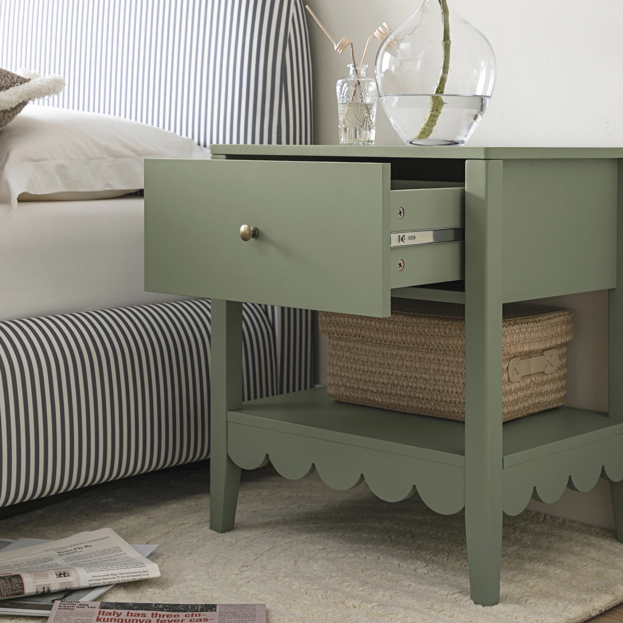 Henley Scalloped Edge Bedside Table with Drawer, Sage Green - Image 3
