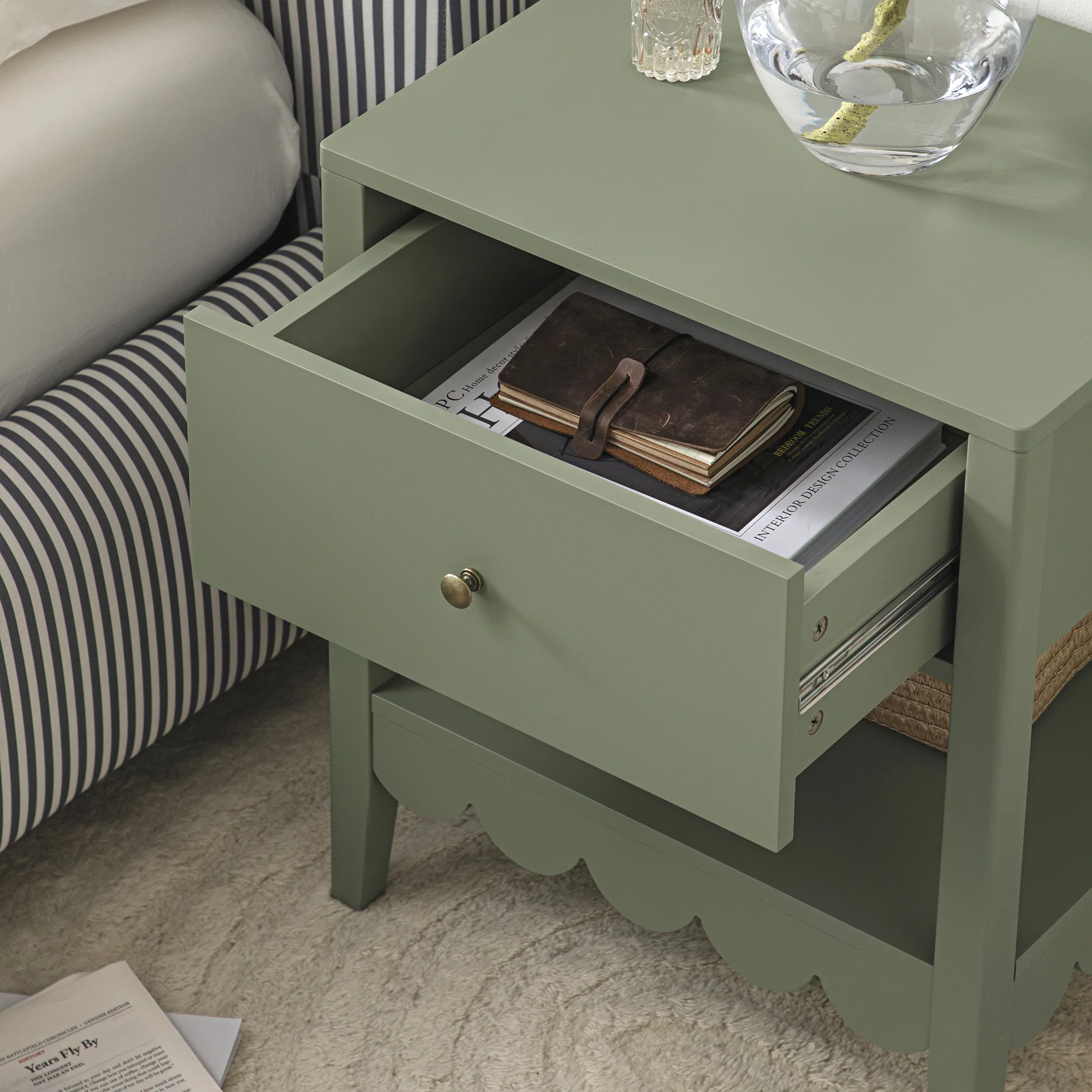 Henley Scalloped Edge Bedside Table with Drawer, Sage Green - Image 4