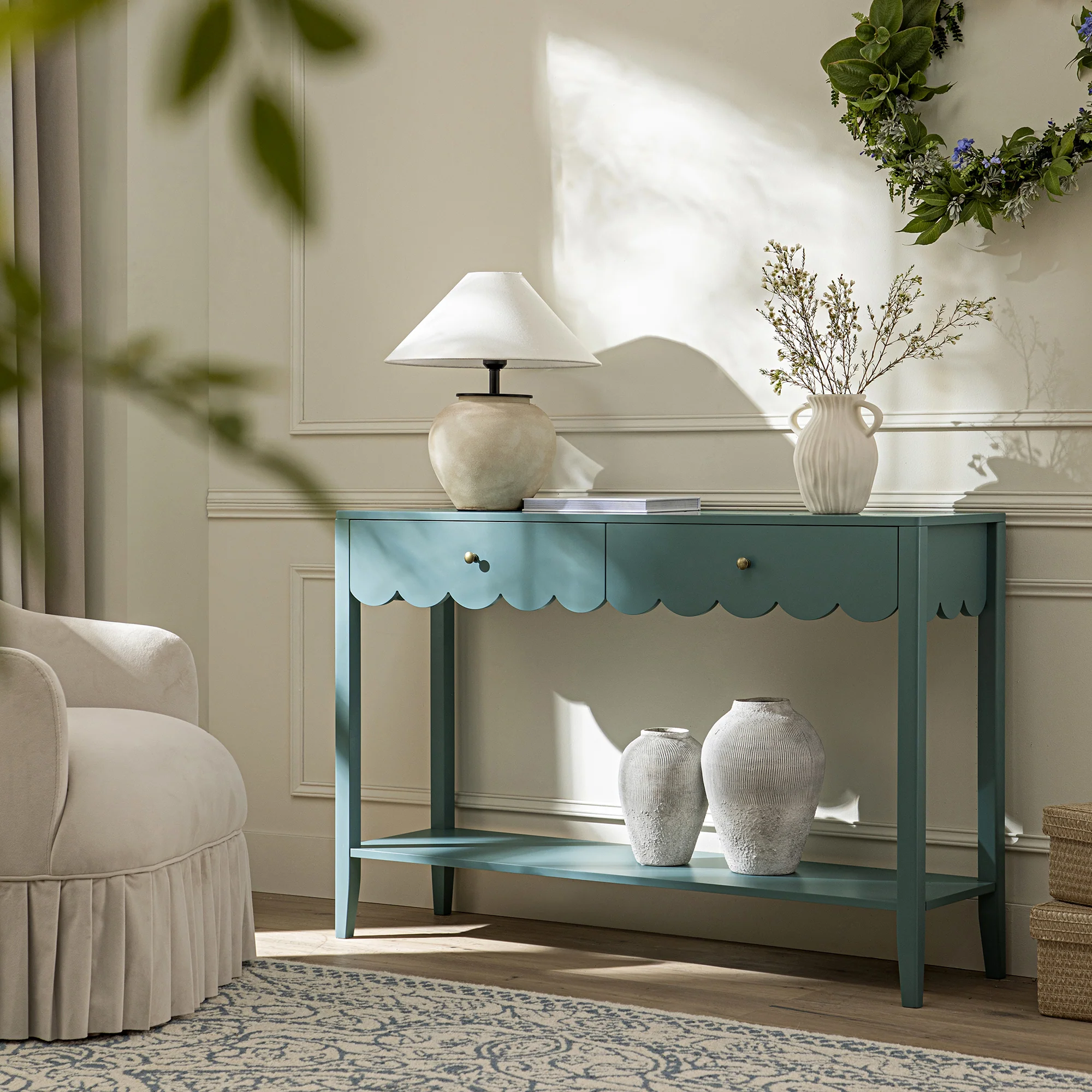Henley Scalloped Edge Console Table, Blue Spruce - Image 2
