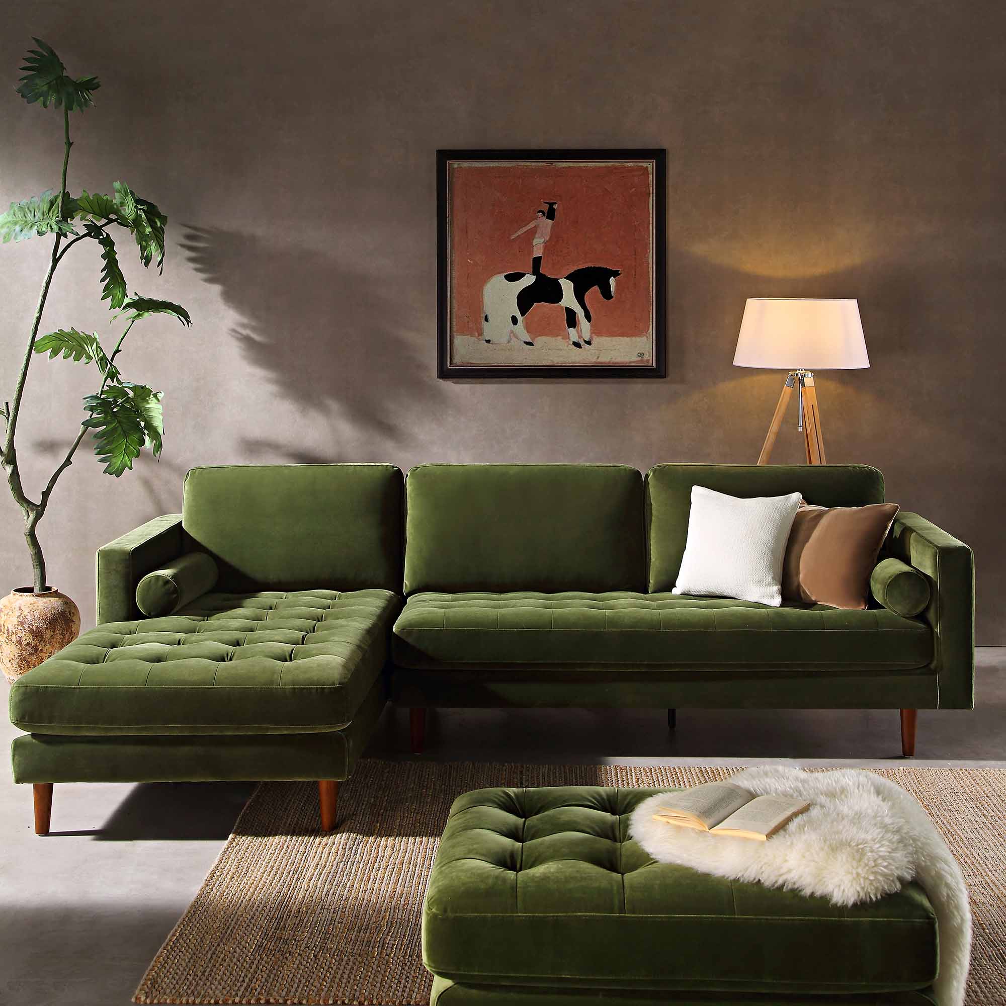 Henrietta Moss Green Velvet Grand 4-Seater Chaise End Sofa, Left Hand Facing - Image 2