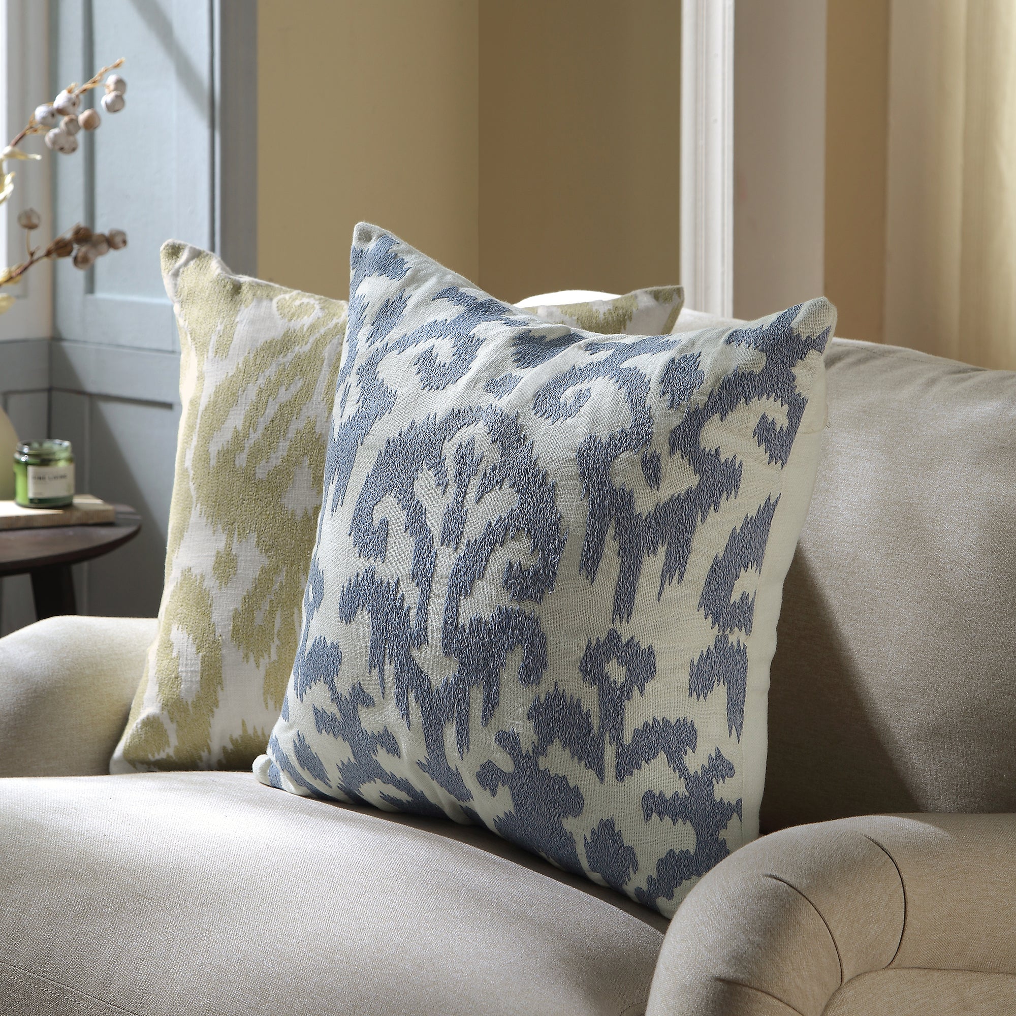 Ikat Collection Dusty Blue Hand Embroidered Cushion - Image 2