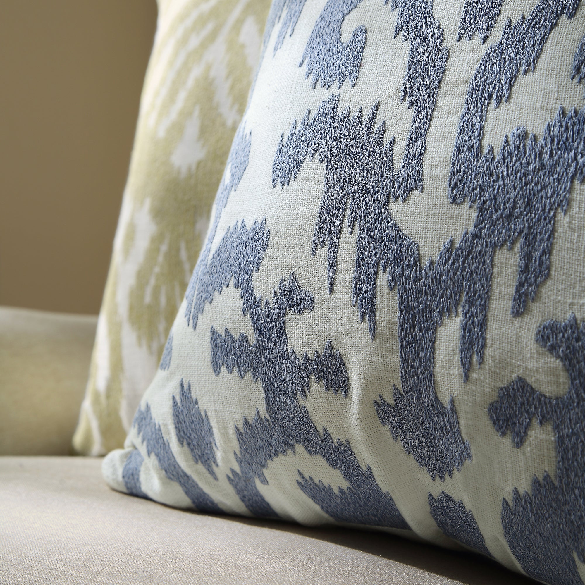 Ikat Collection Dusty Blue Hand Embroidered Cushion - Image 3