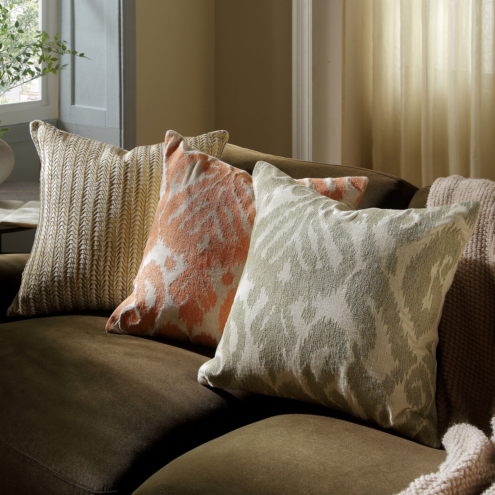Ikat Collection Papaya Orange Hand Embroidered Cushion - Image 2