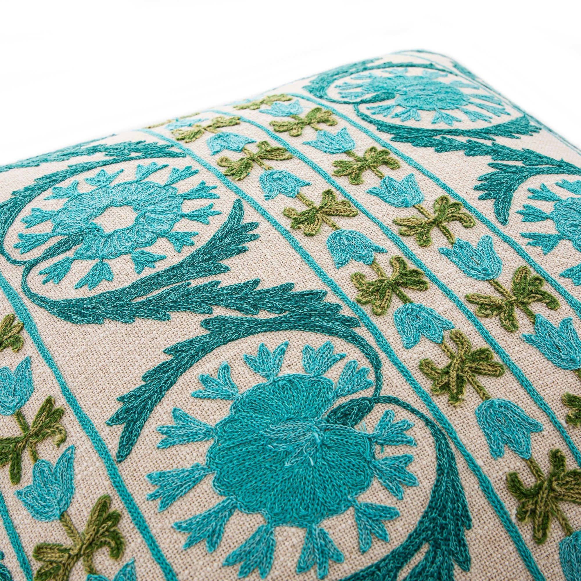 Indra Suzani Cyan Blue Crewelwork Wool Embroidered Cushion - Image 2