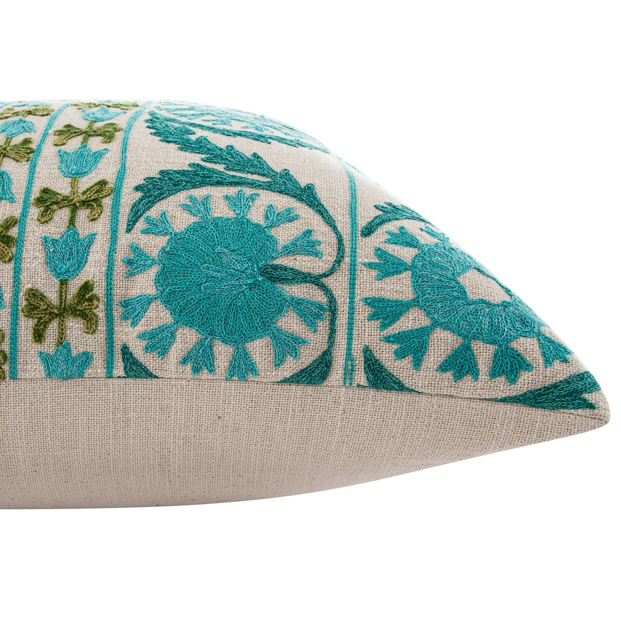 Indra Suzani Cyan Blue Crewelwork Wool Embroidered Cushion - Image 4