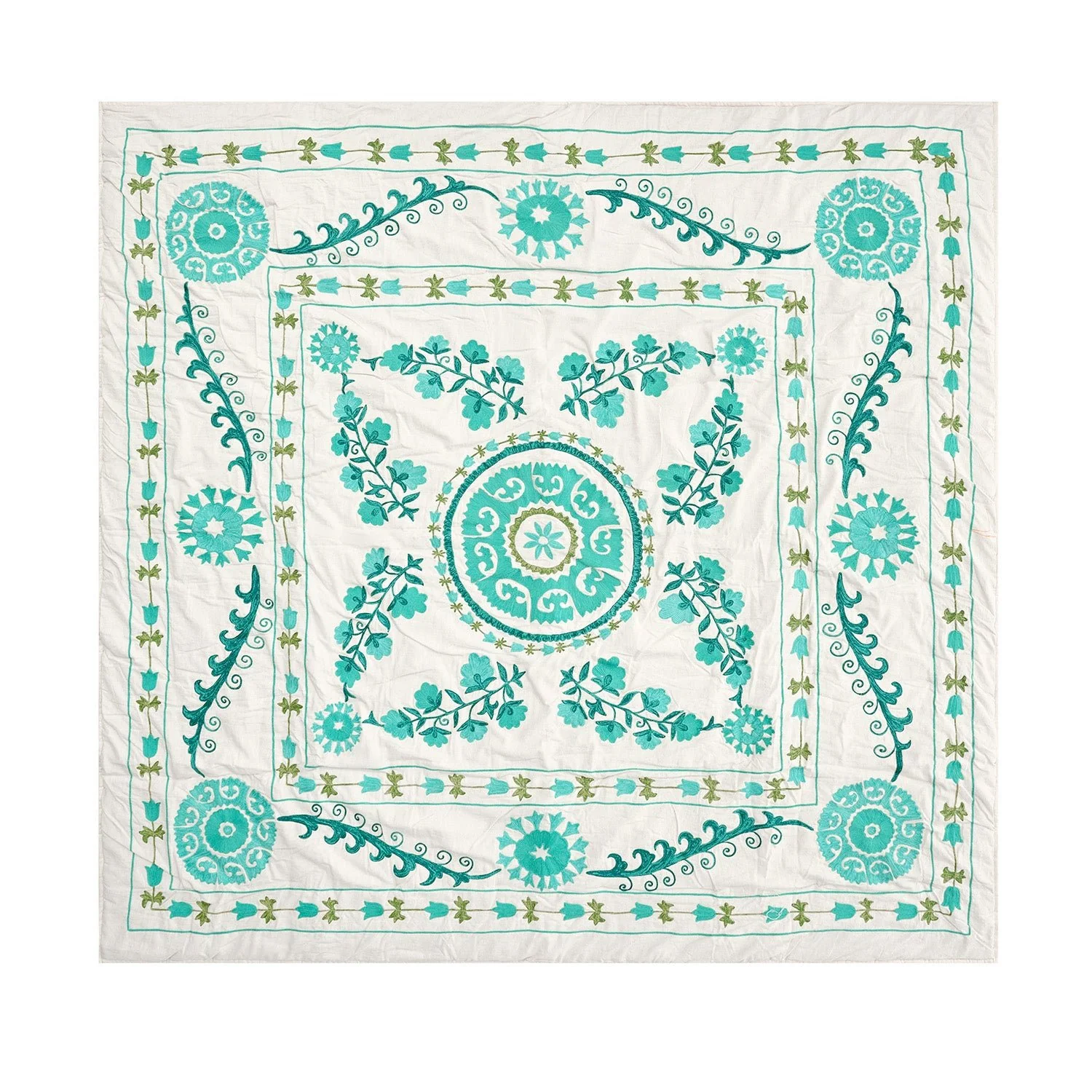 Indra Suzani Cyan Floral Embroidered Quilted Cotton Bedspread - Image 3