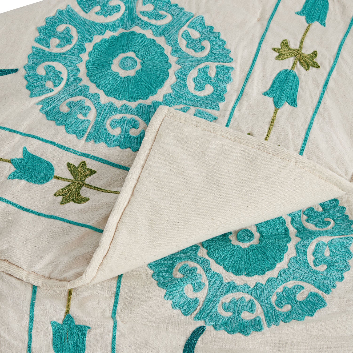 Indra Suzani Cyan Floral Embroidered Quilted Cotton Bedspread - Image 6