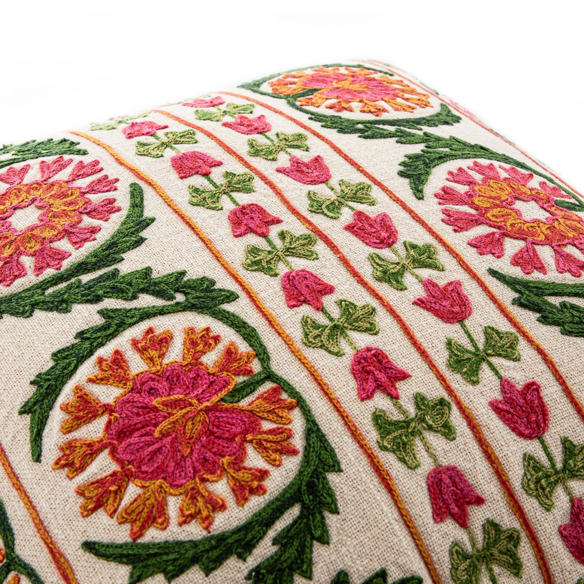 Indra Suzani Pink Crewelwork Wool Embroidered Cushion - Image 3