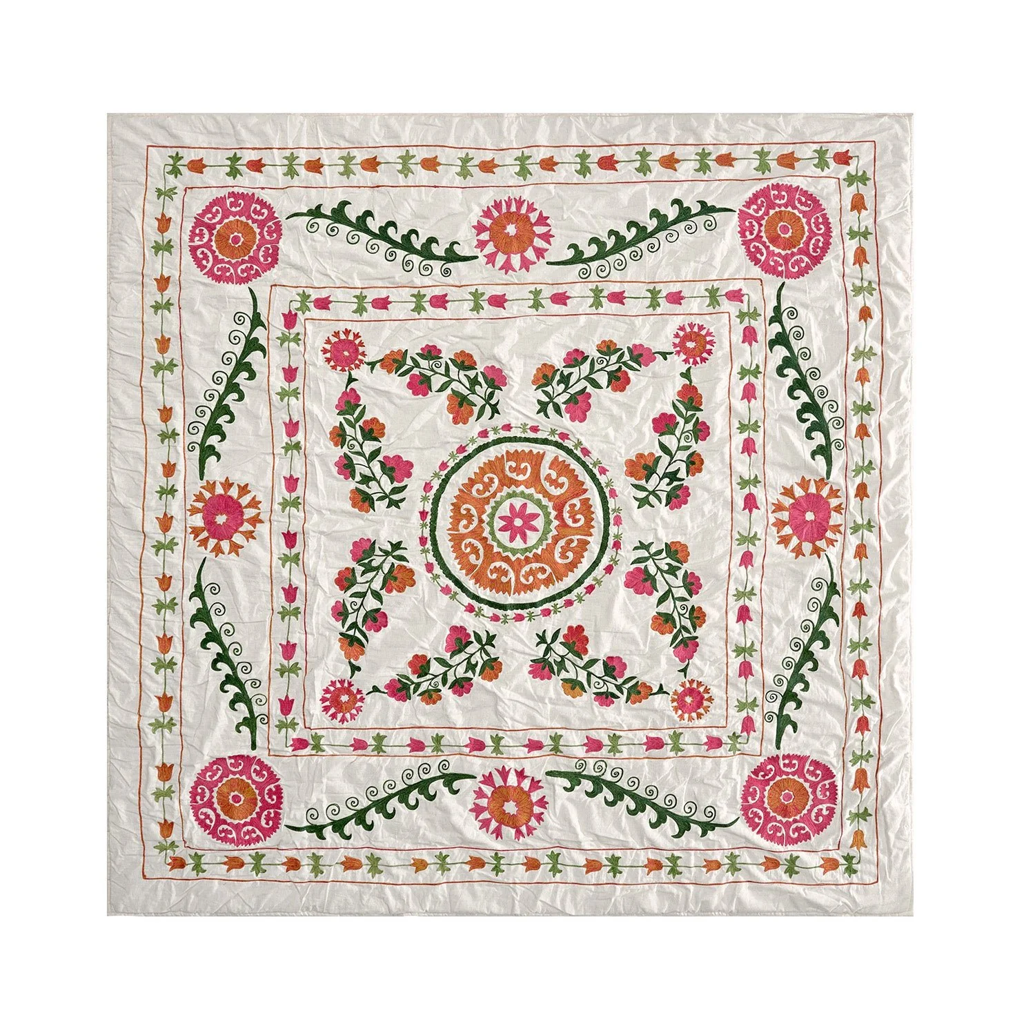 Indra Suzani Pink Floral Embroidered Quilted Cotton Bedspread - Image 3