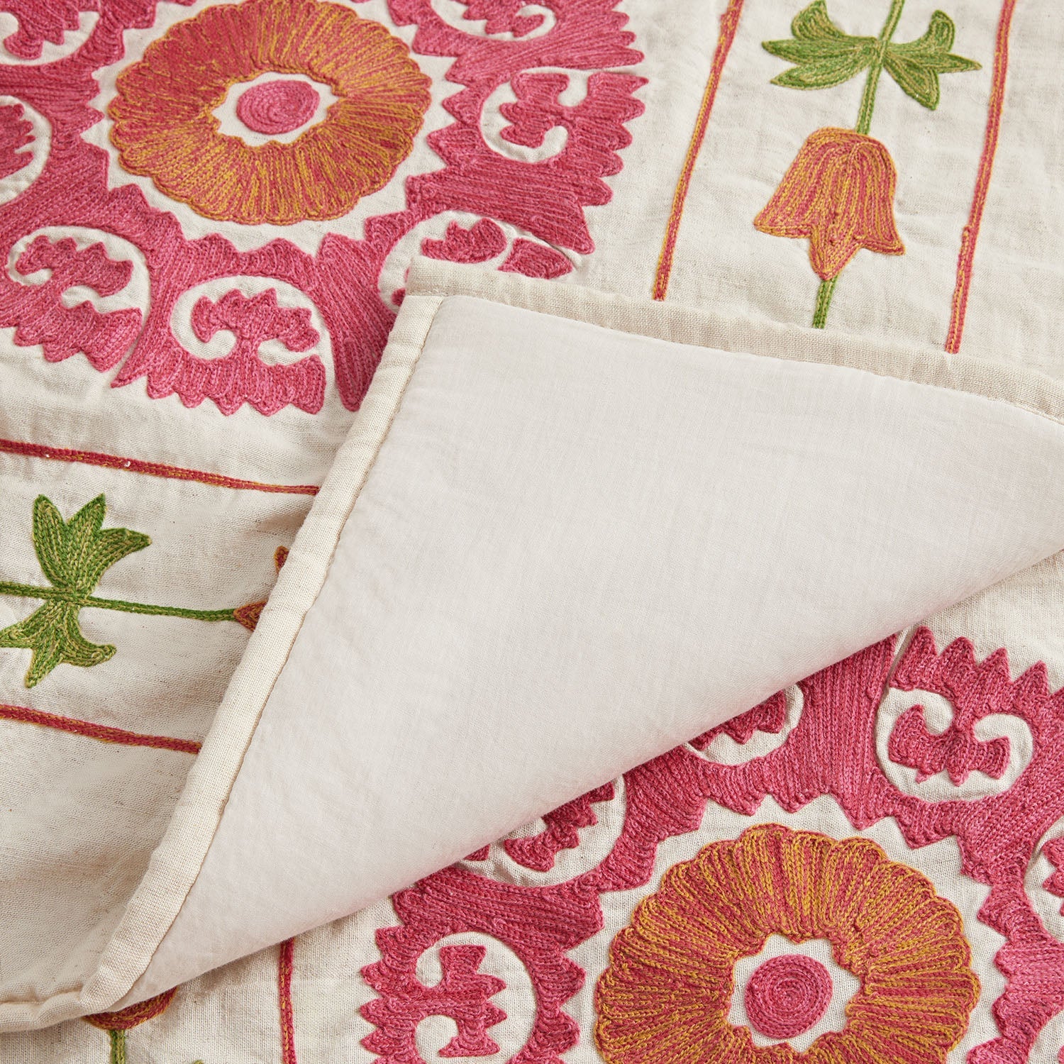 Indra Suzani Pink Floral Embroidered Quilted Cotton Bedspread - Image 9
