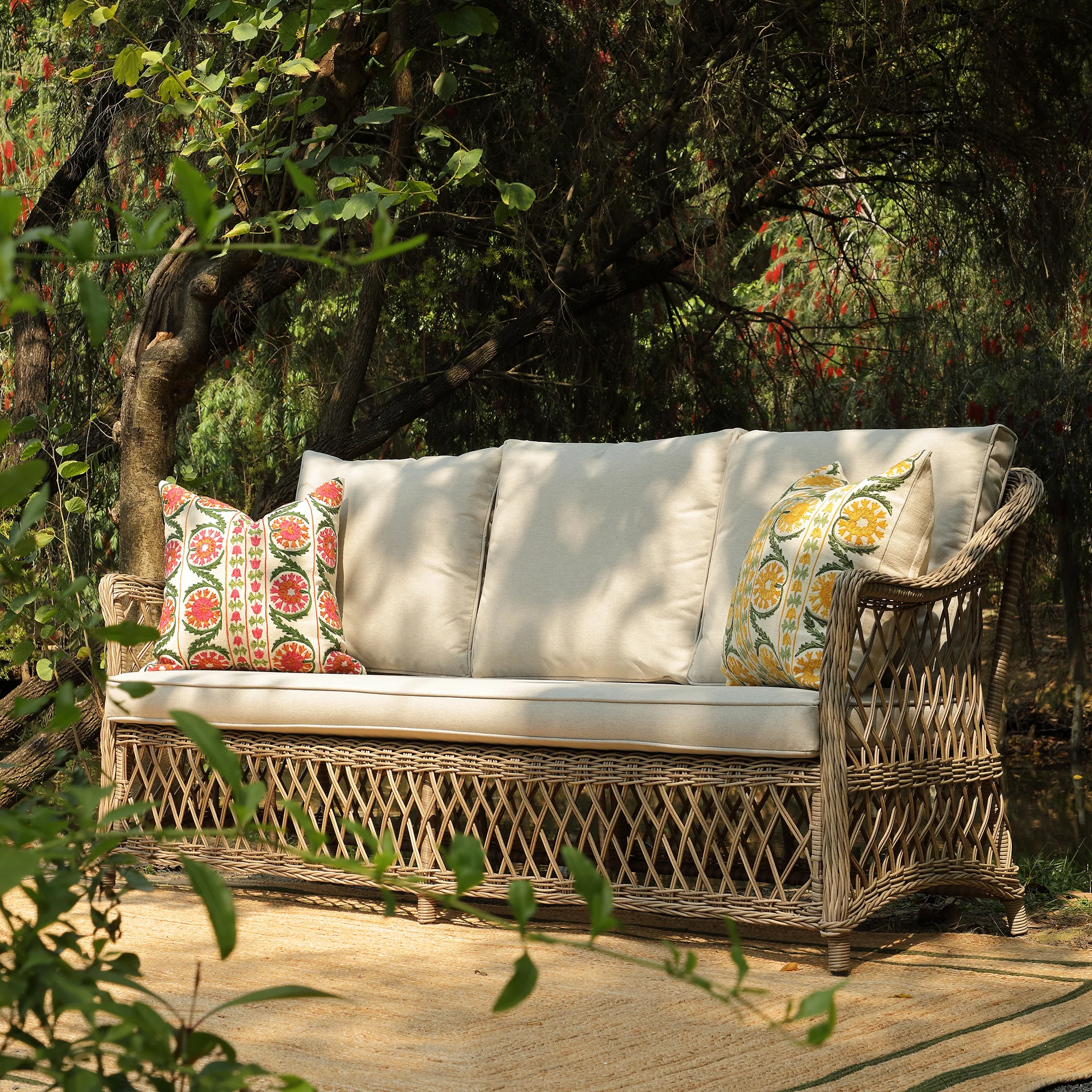 Indra Suzani Sundance Yellow Crewelwork Wool Embroidered Cushion - Image 2