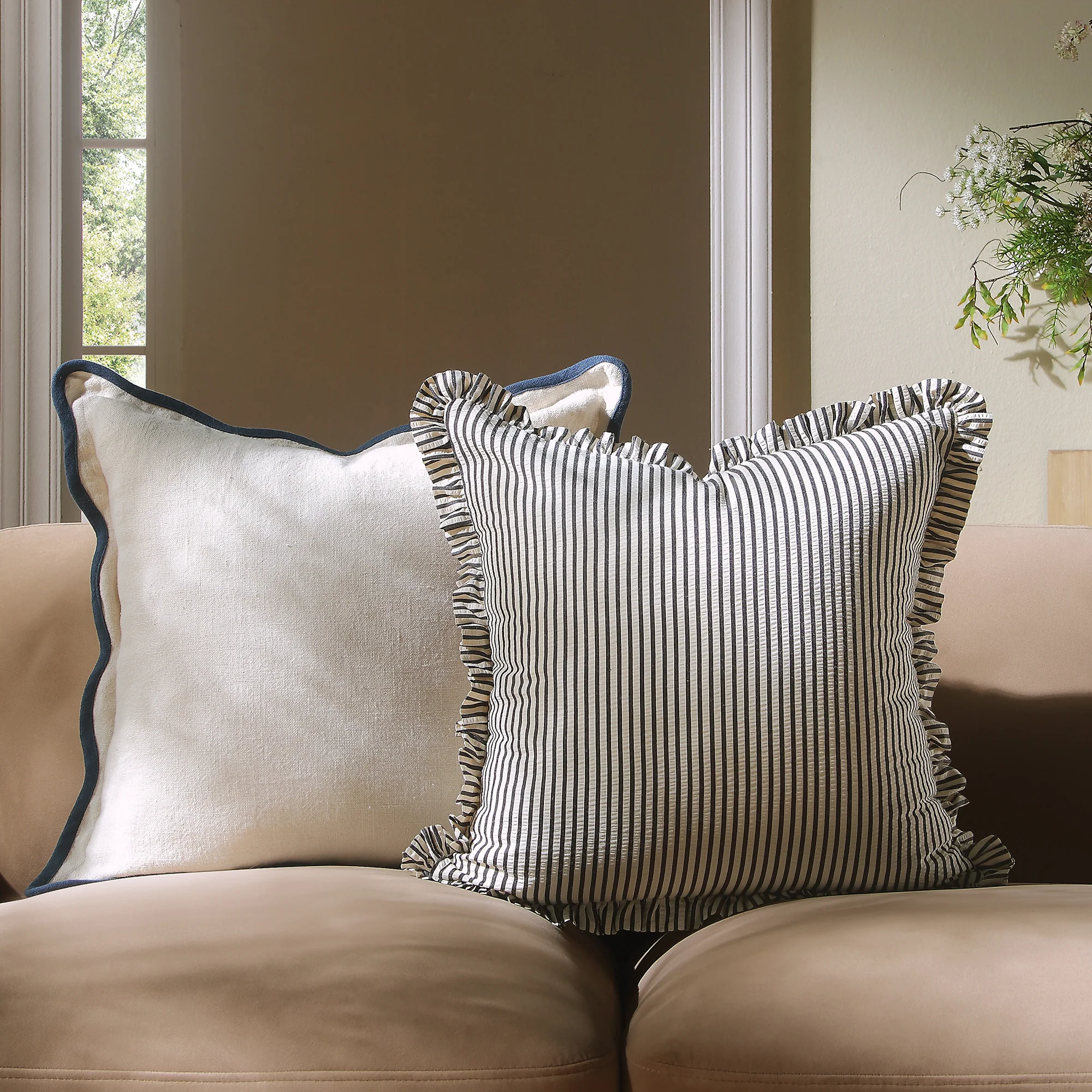 Iris Ticking Black Stripe Seersucker Frill Cushion - Image 2