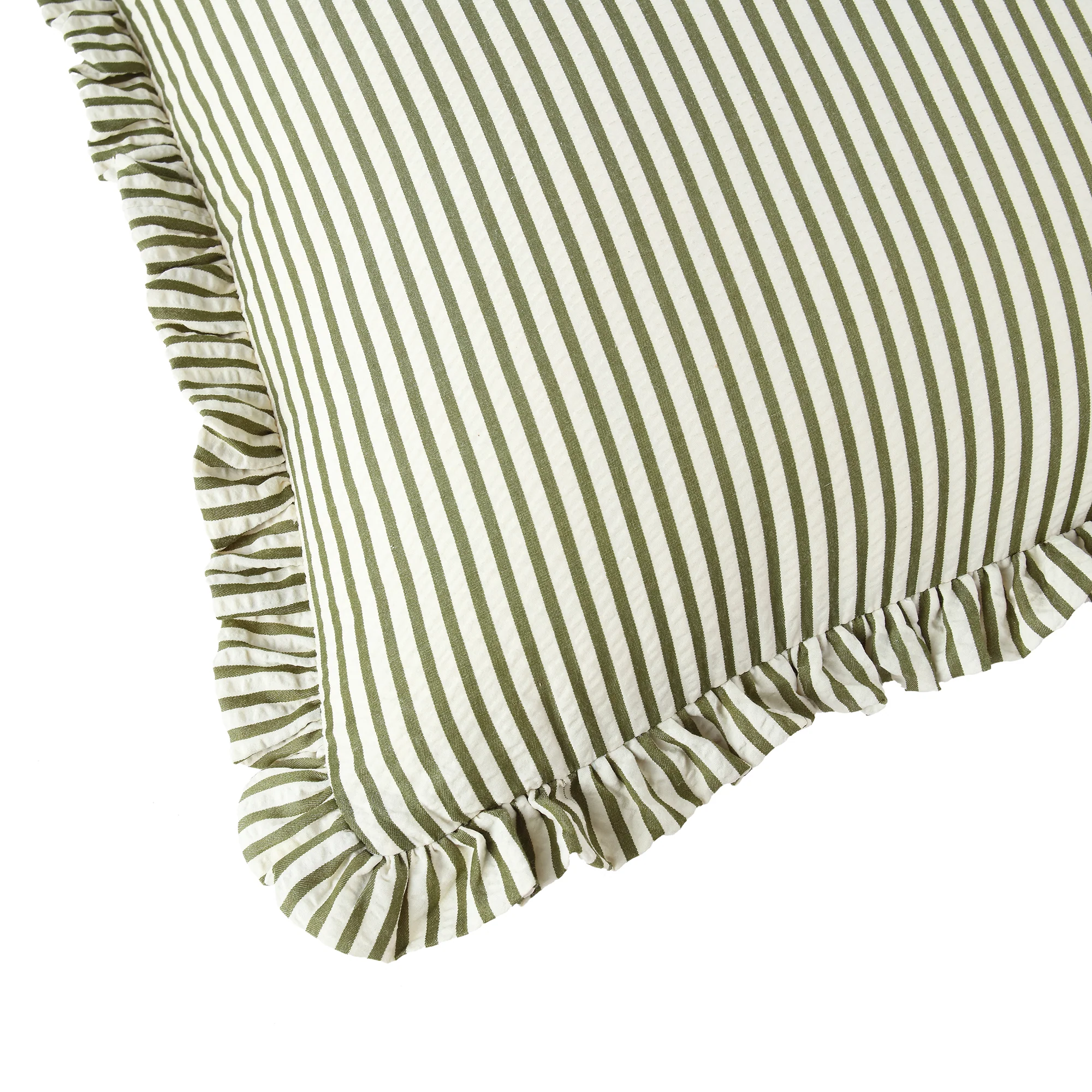 Iris Ticking Green Stripe Seersucker Frill Cushion - Image 6