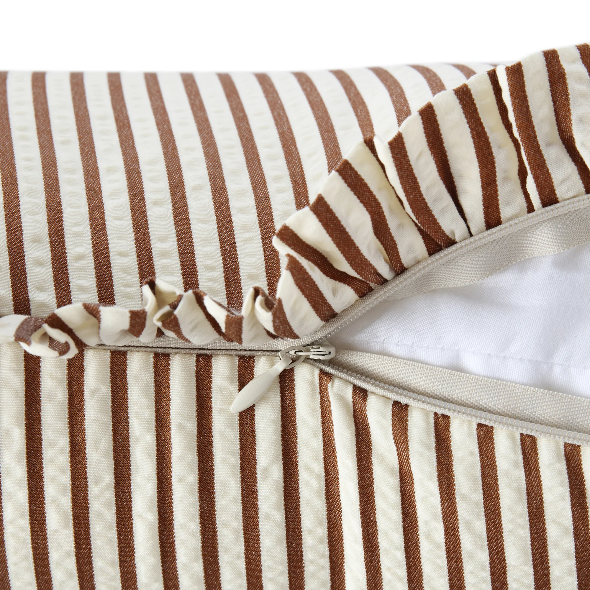 Iris Ticking Brown Stripe Seersucker Frill Cushion - Image 5