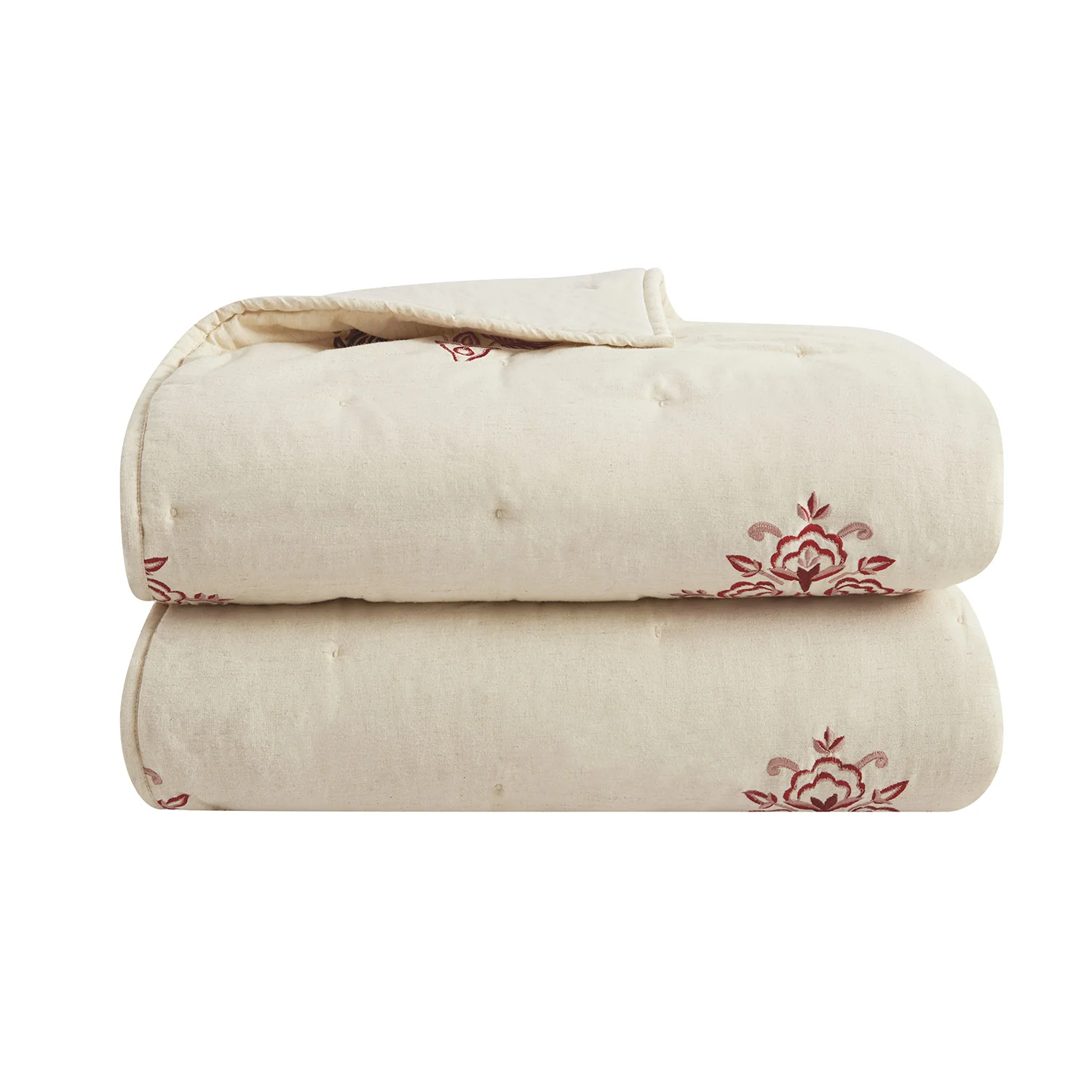 Isadora Garnet Red Damask Embroidered Quilted Linen Blend Bedspread - Image 2