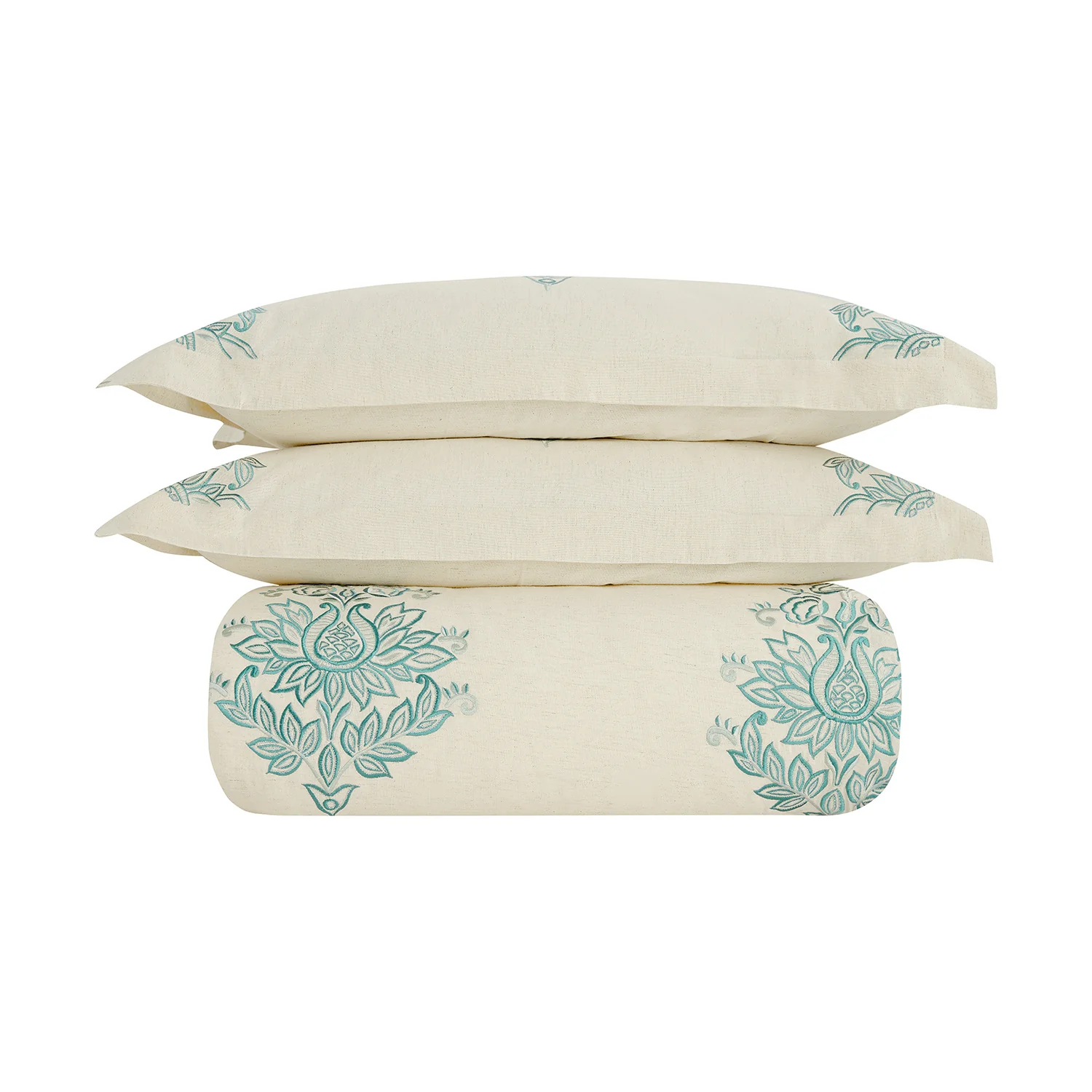 Isadora Teal Damask Embroidered Linen Blend Duvet Set - Image 2
