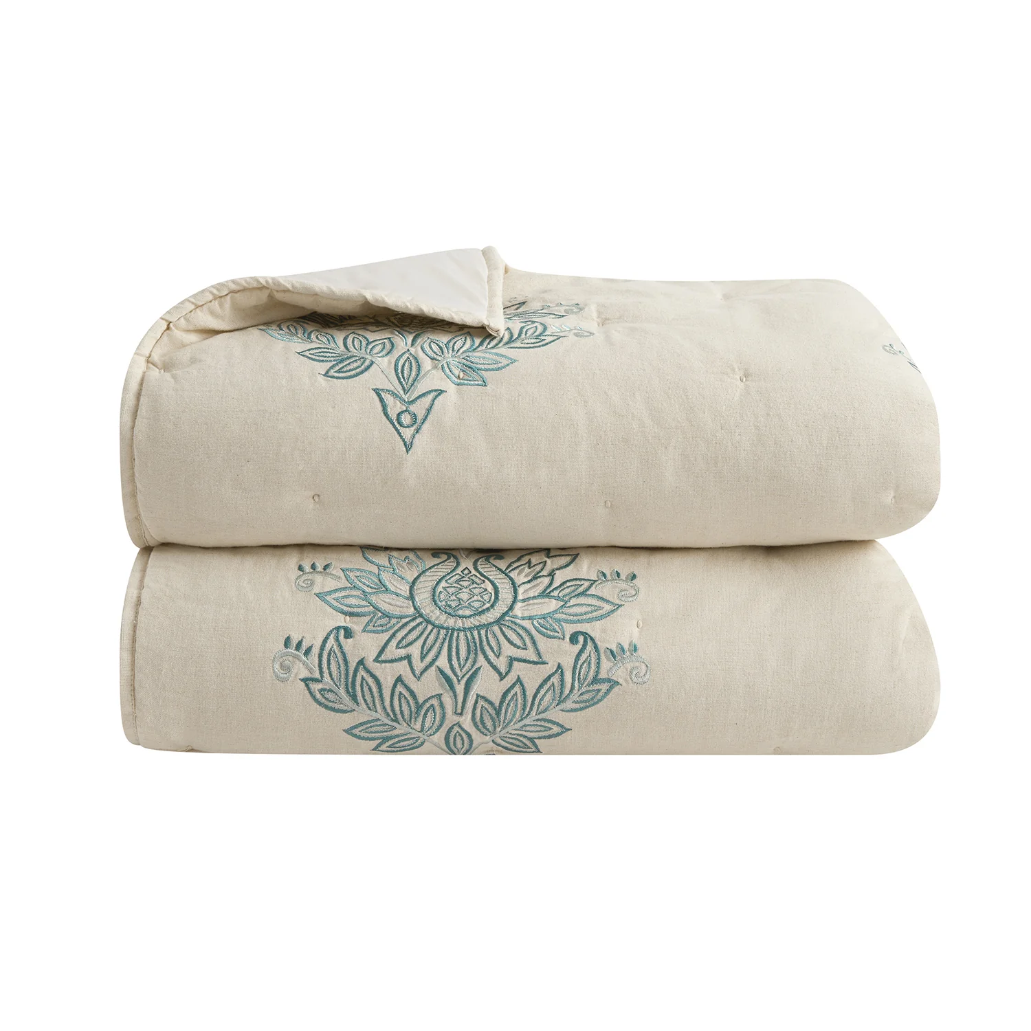 Isadora Teal Damask Embroidered Quilted Linen Blend Bedspread - Image 2