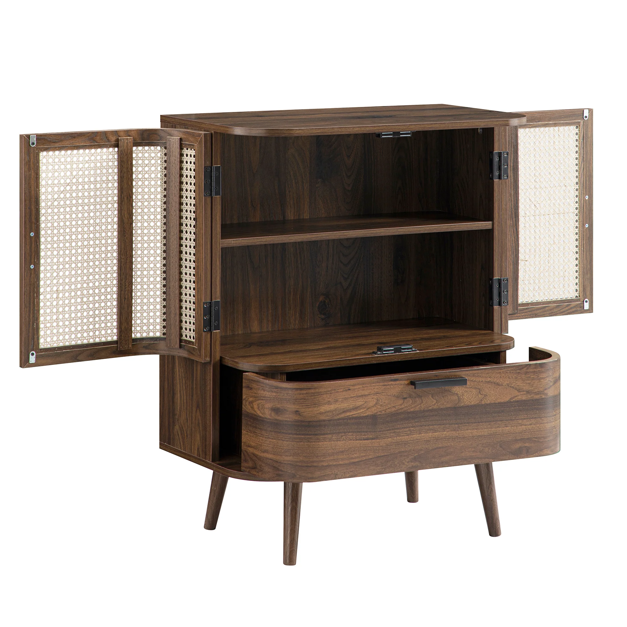 Izzy Curved Rattan 1-Drawer Small Sideboard, Walnut - Image 11