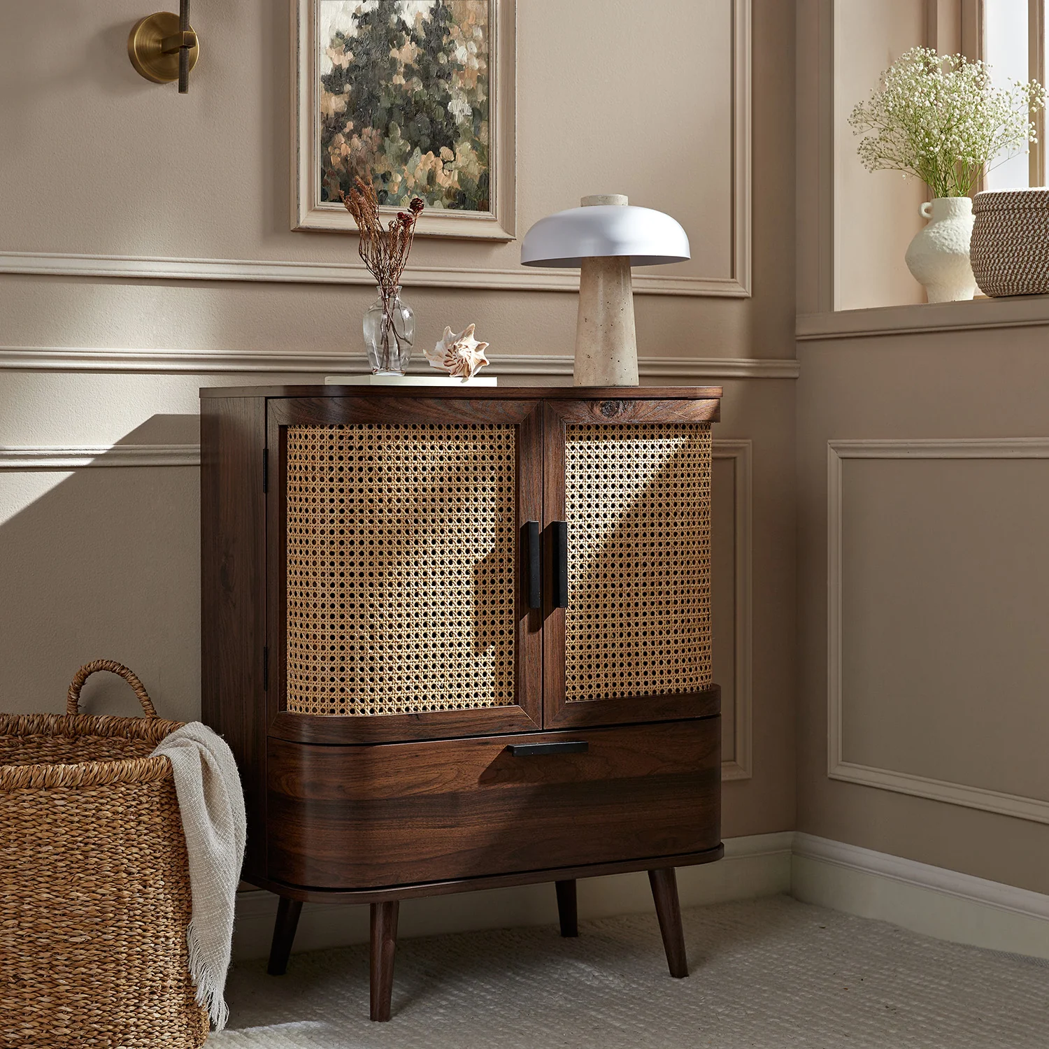 Izzy Curved Rattan 1-Drawer Small Sideboard, Walnut - Image 2
