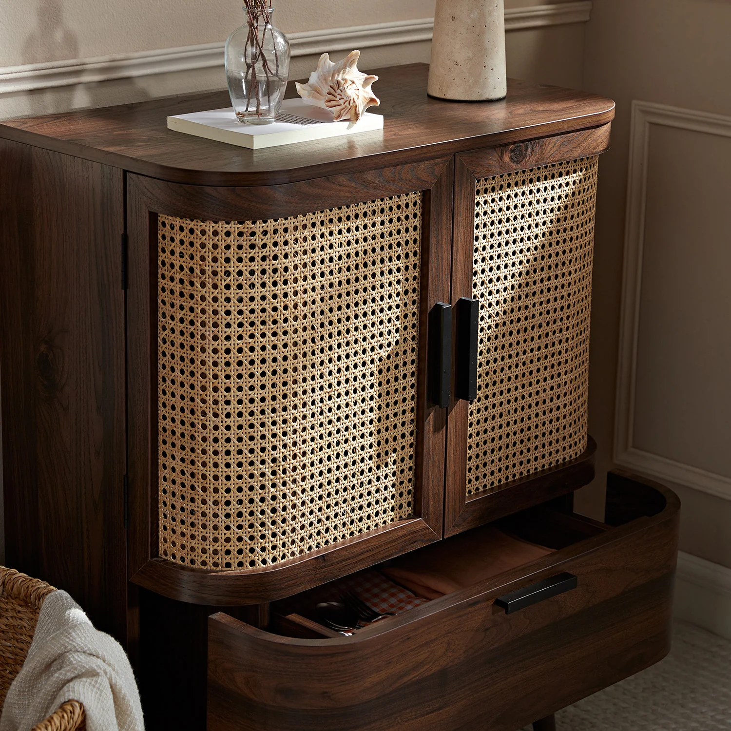 Izzy Curved Rattan 1-Drawer Small Sideboard, Walnut - Image 4