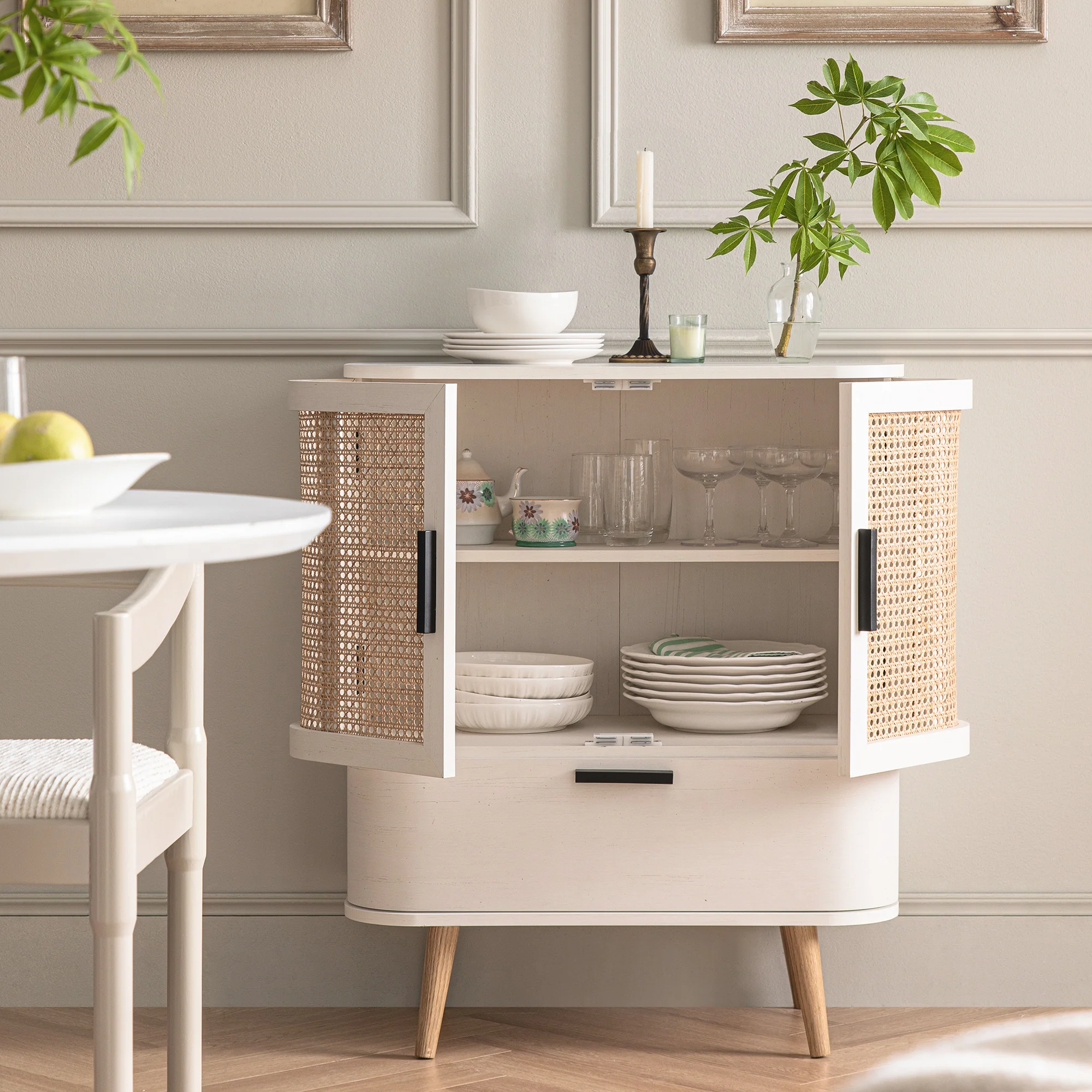 Izzy Curved Rattan 1-Drawer Small Sideboard, White - Image 3