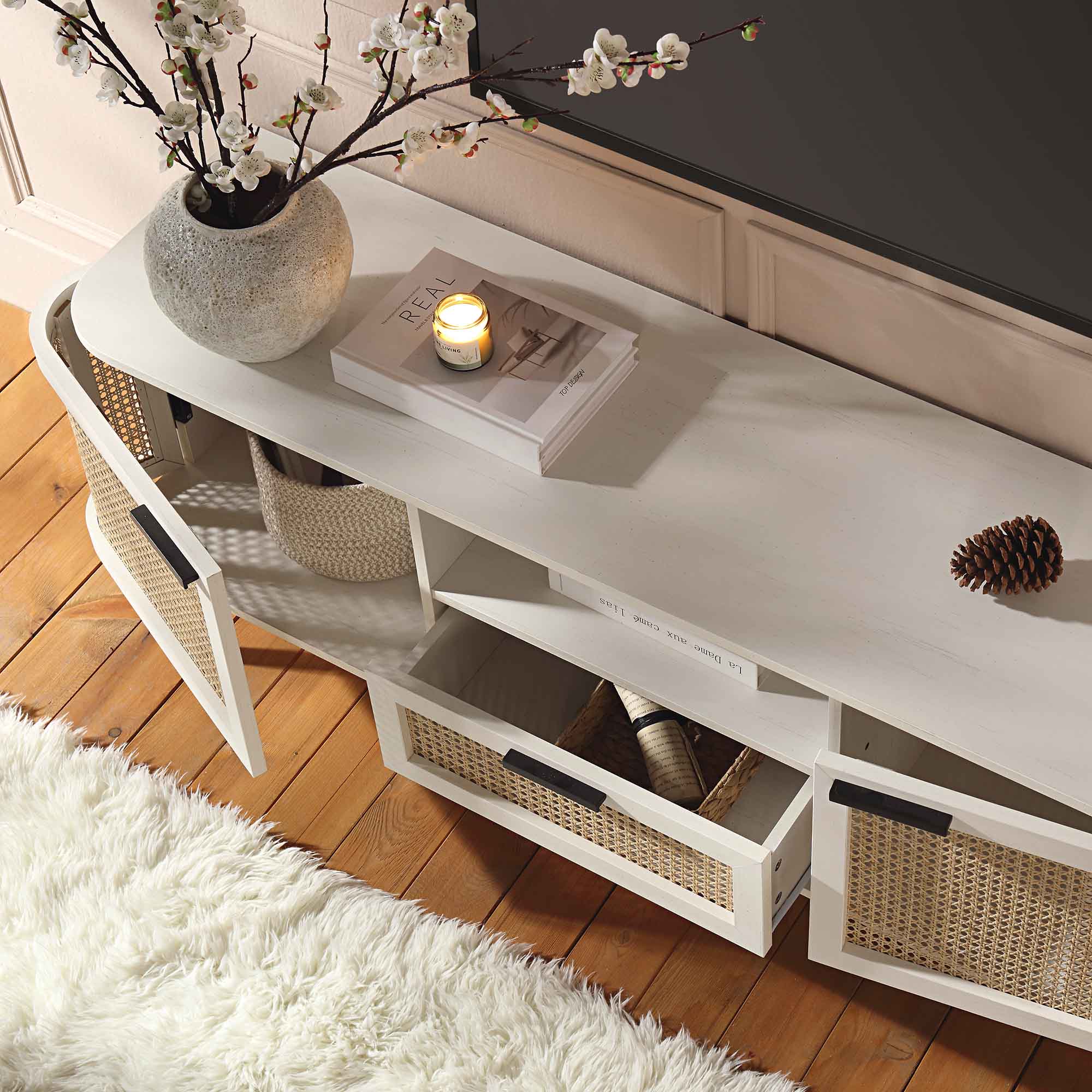Izzy Curved Rattan 150cm TV Unit, White - Image 3