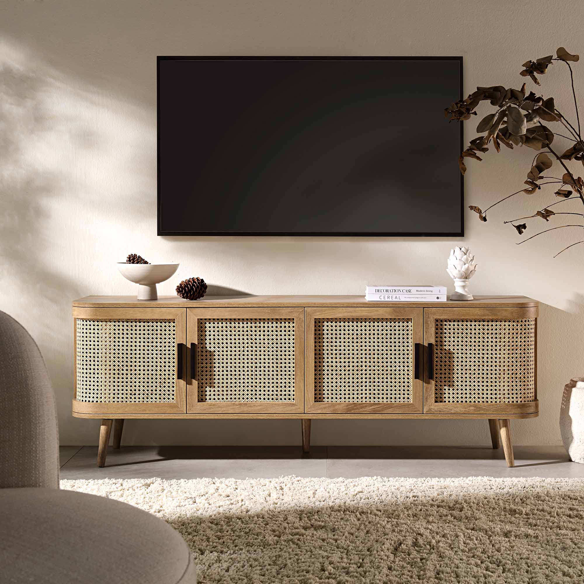 Izzy Curved Rattan 160cm Wide TV Unit, Natural - Image 2