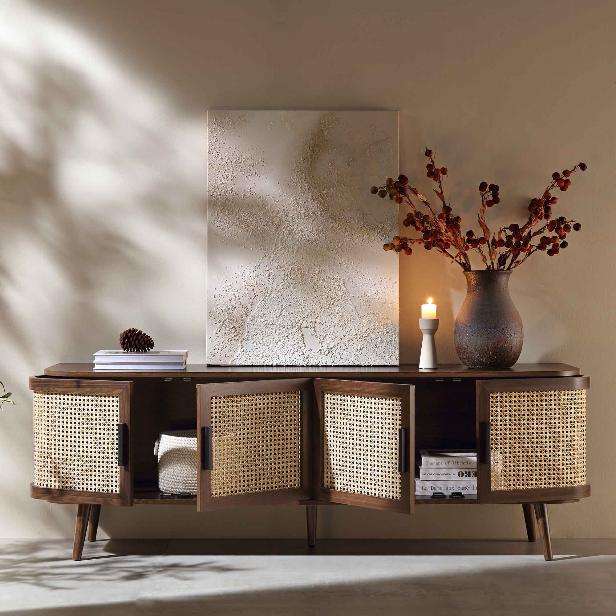Izzy Curved Rattan 160cm Wide TV Unit, Walnut - Image 3