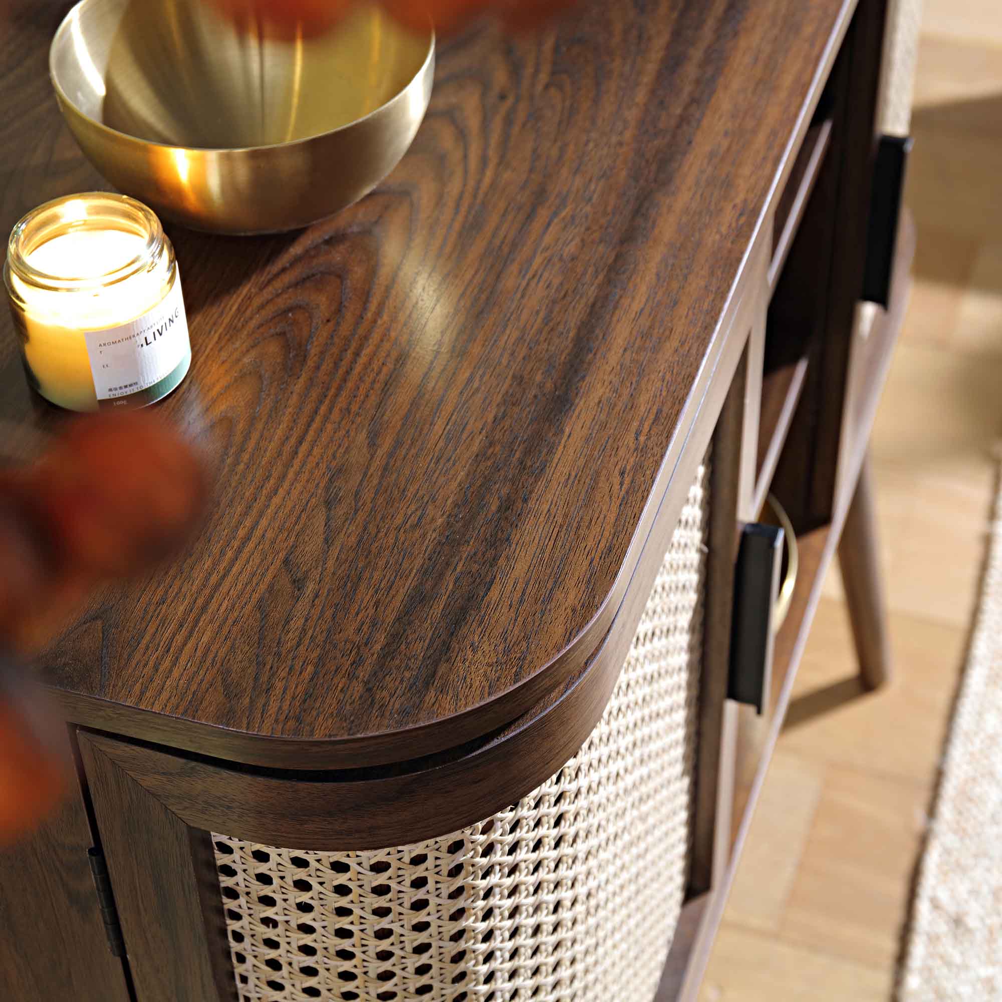 Izzy Curved Rattan 2-Door Buffet Sideboard, Walnut - Image 4