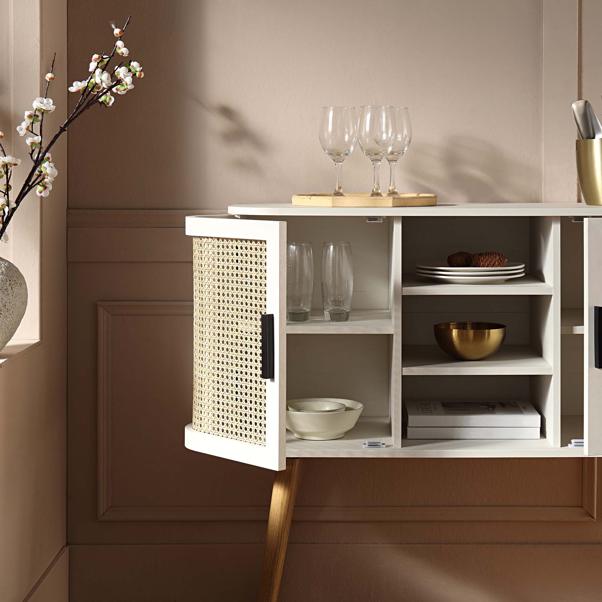 Izzy Curved Rattan 2-Door Buffet Sideboard, White - Image 3