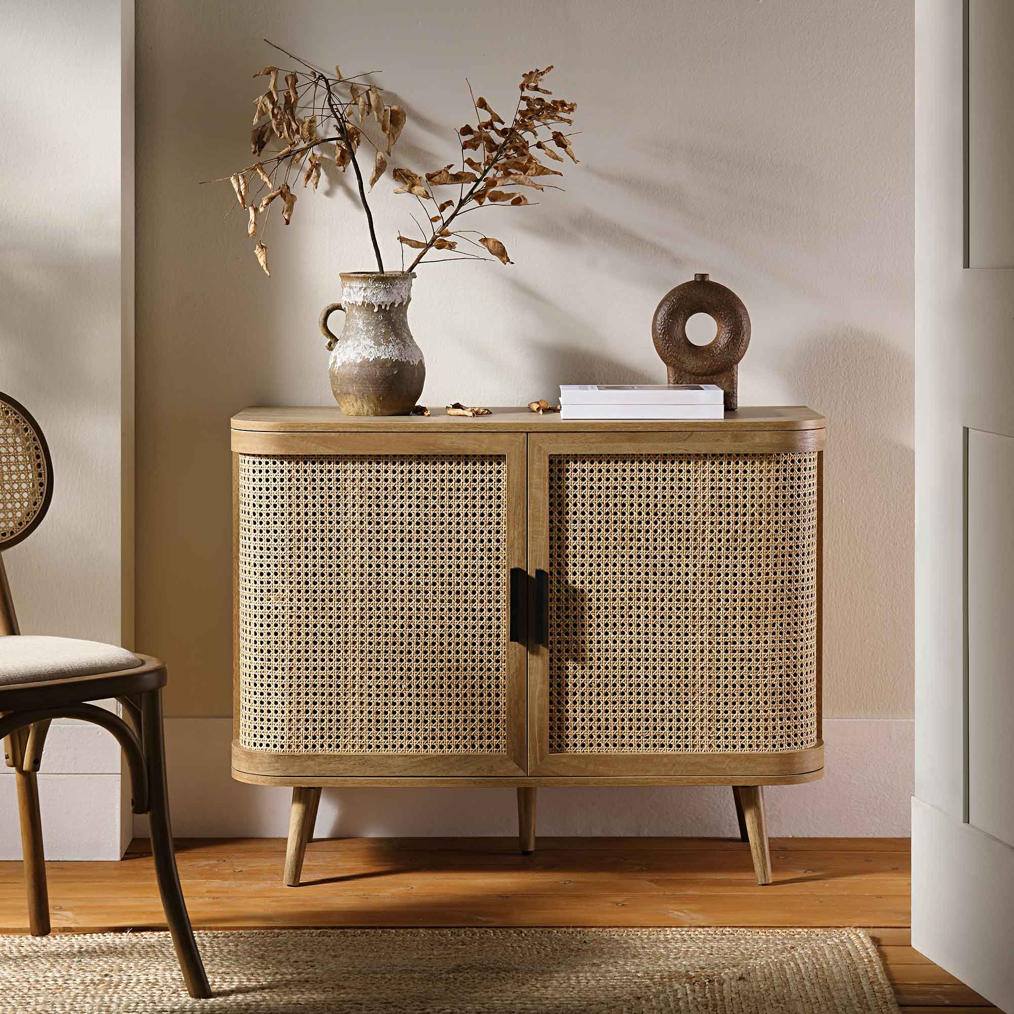 Izzy Curved Rattan 2-Door Small Sideboard, Natural - Image 2