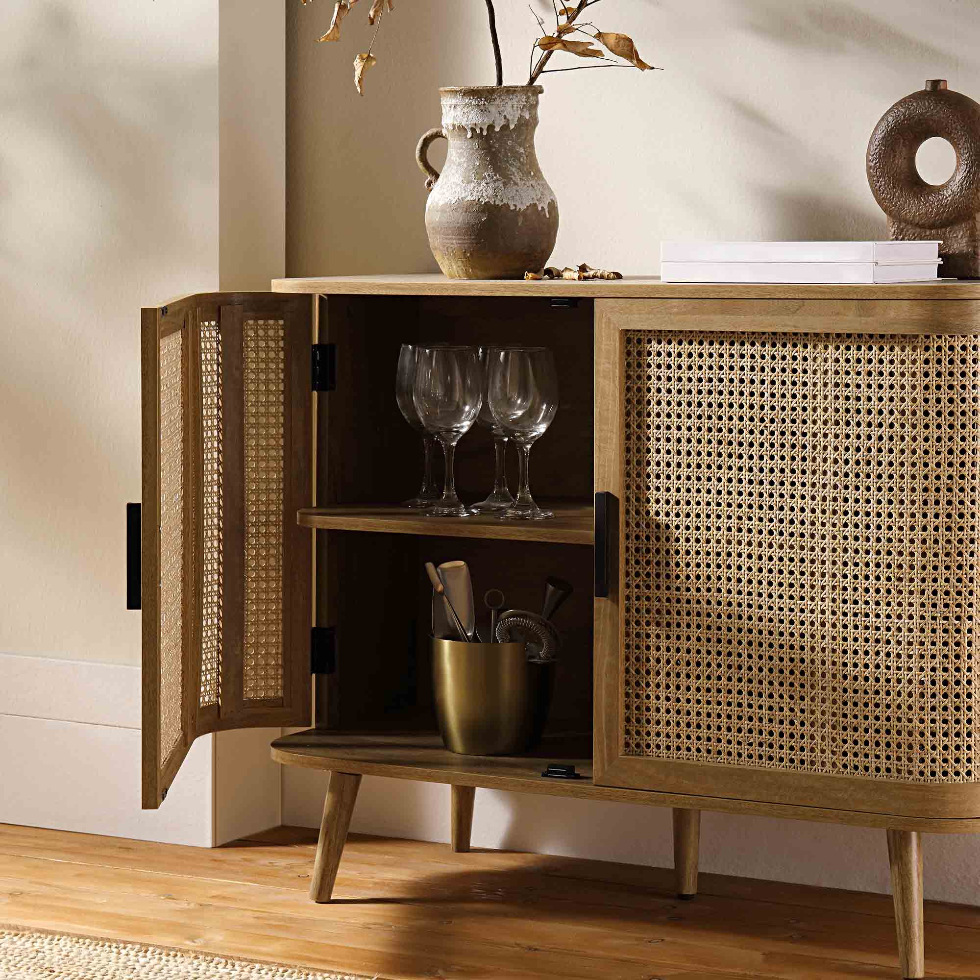 Izzy Curved Rattan 2-Door Small Sideboard, Natural - Image 3