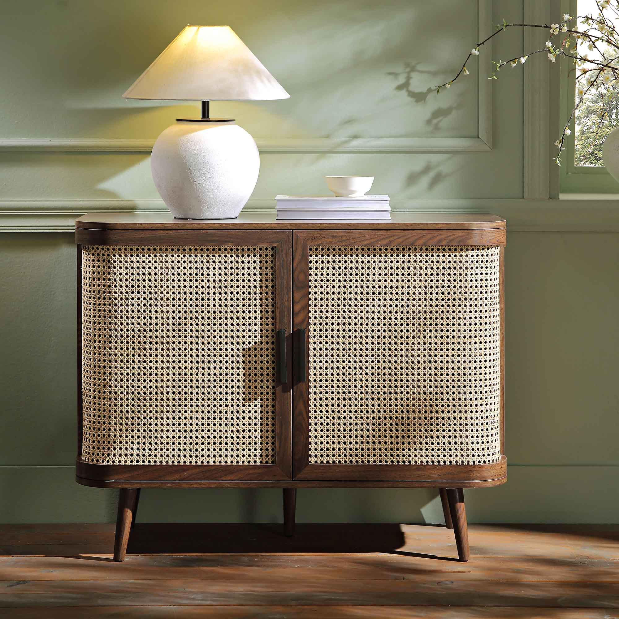 Izzy Curved Rattan 2-Door Small Sideboard, Walnut - Image 2