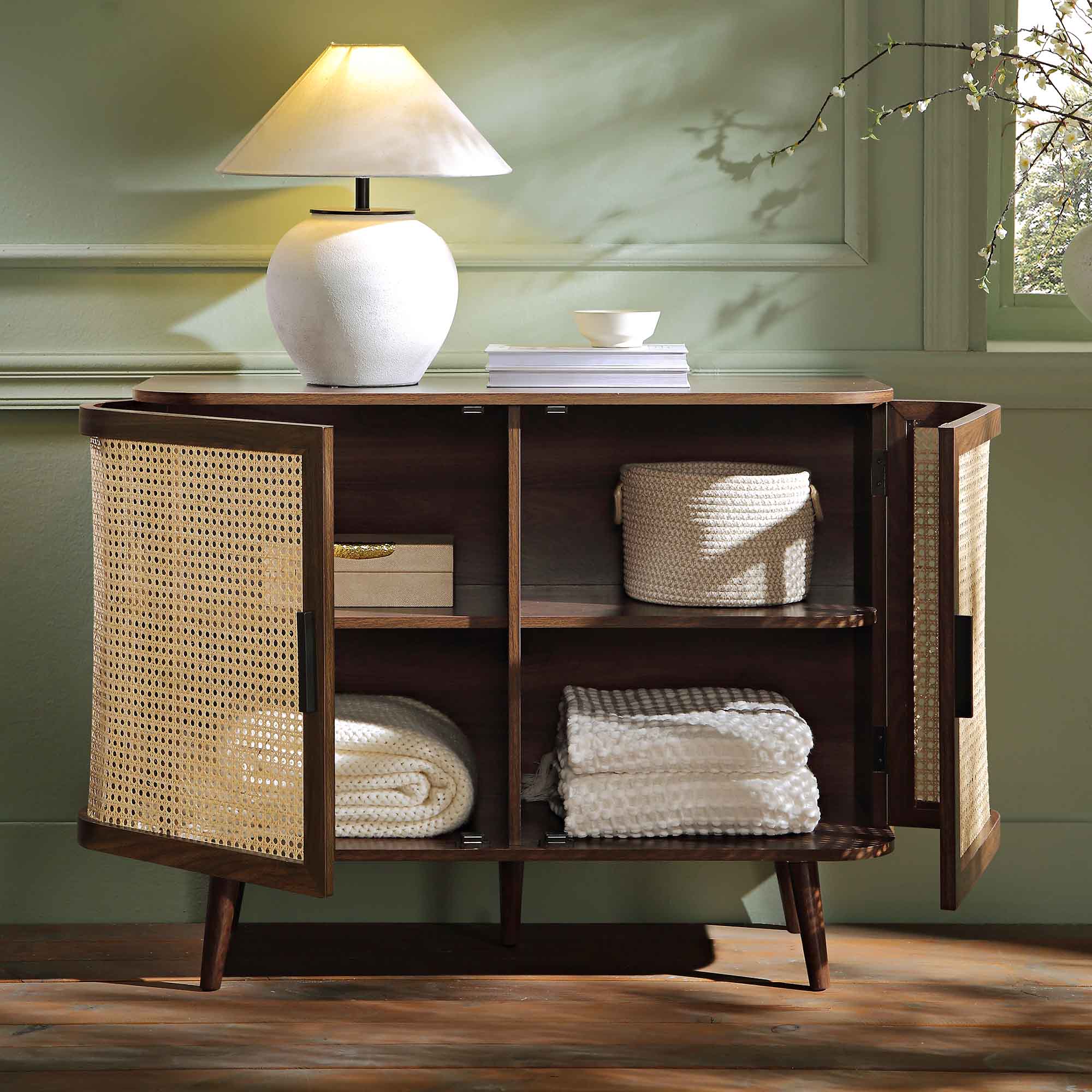 Izzy Curved Rattan 2-Door Small Sideboard, Walnut - Image 3