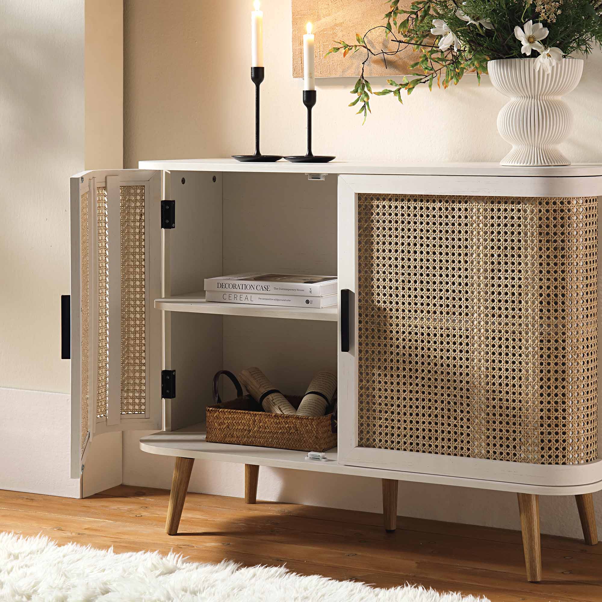 Izzy Curved Rattan 2-Door Small Sideboard, White - Image 3