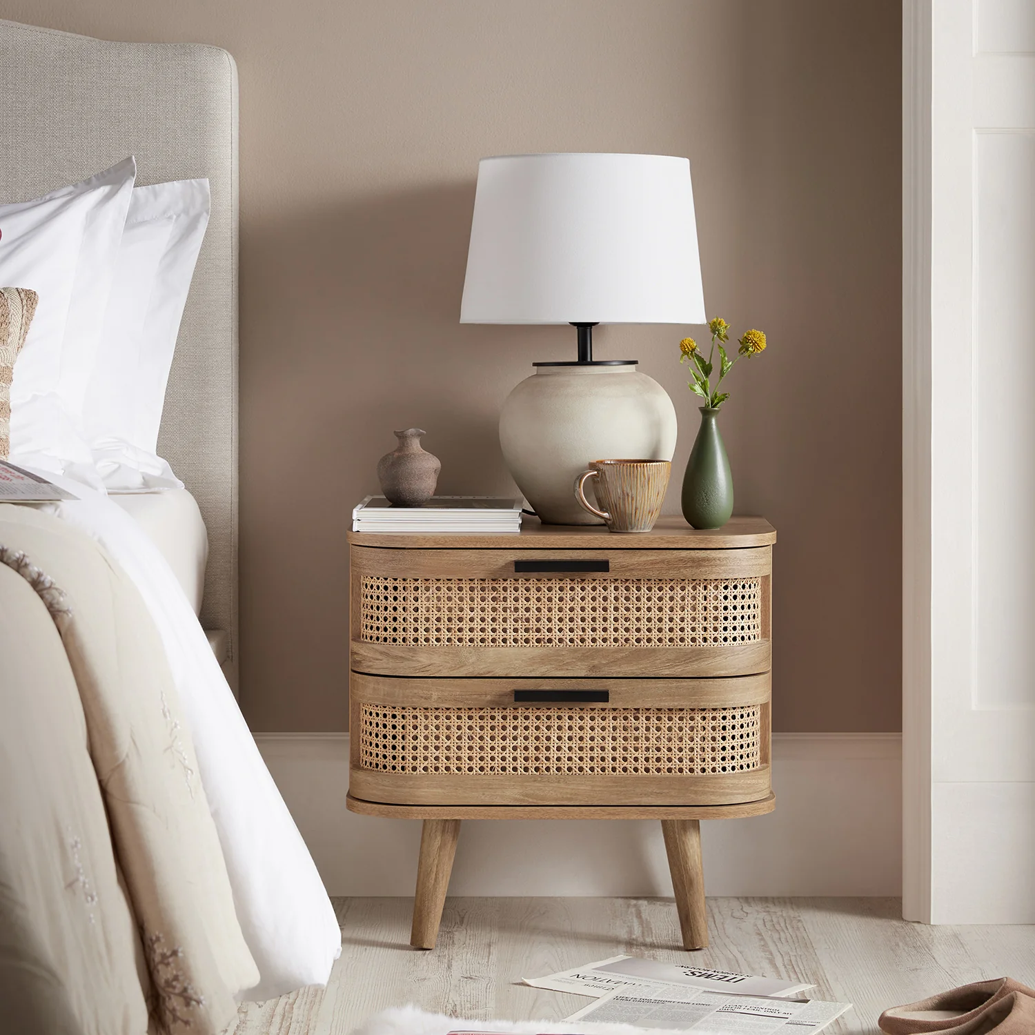 Izzy Curved Rattan 2-Drawer Bedside Table, Natural - Image 2