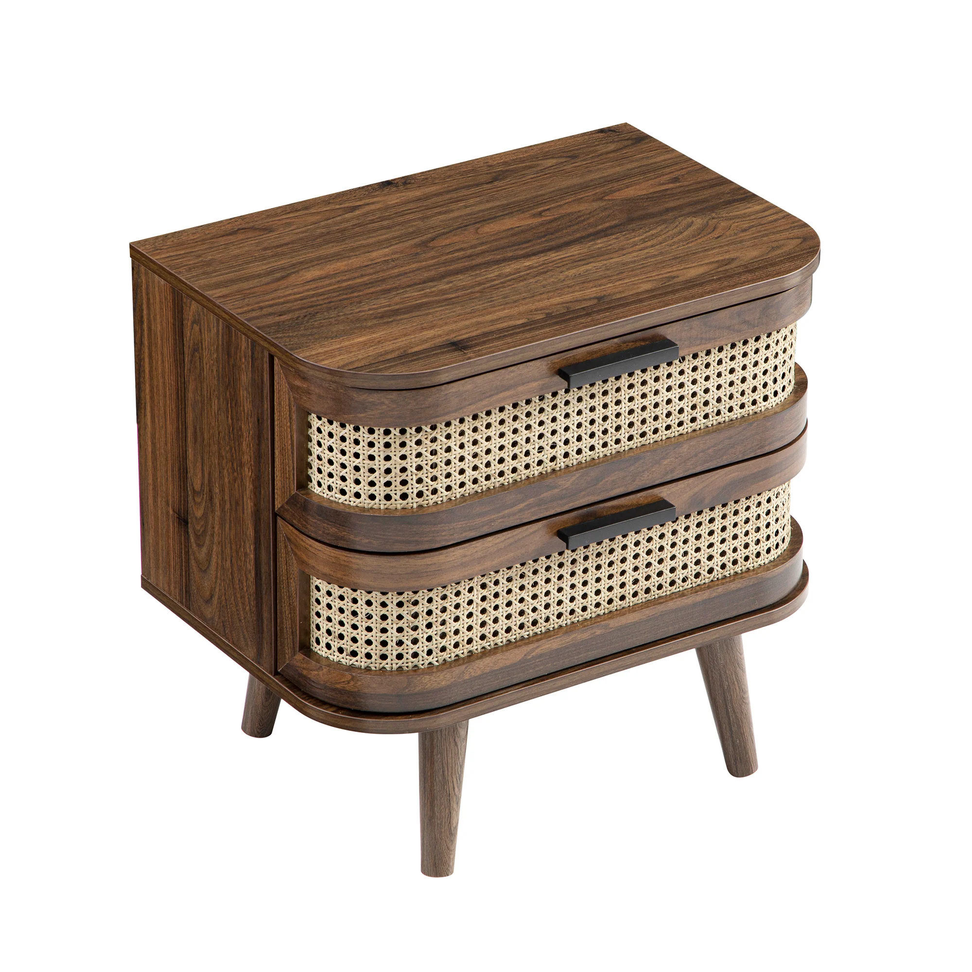 Izzy Curved Rattan 2-Drawer Bedside Table, Walnut - Image 10