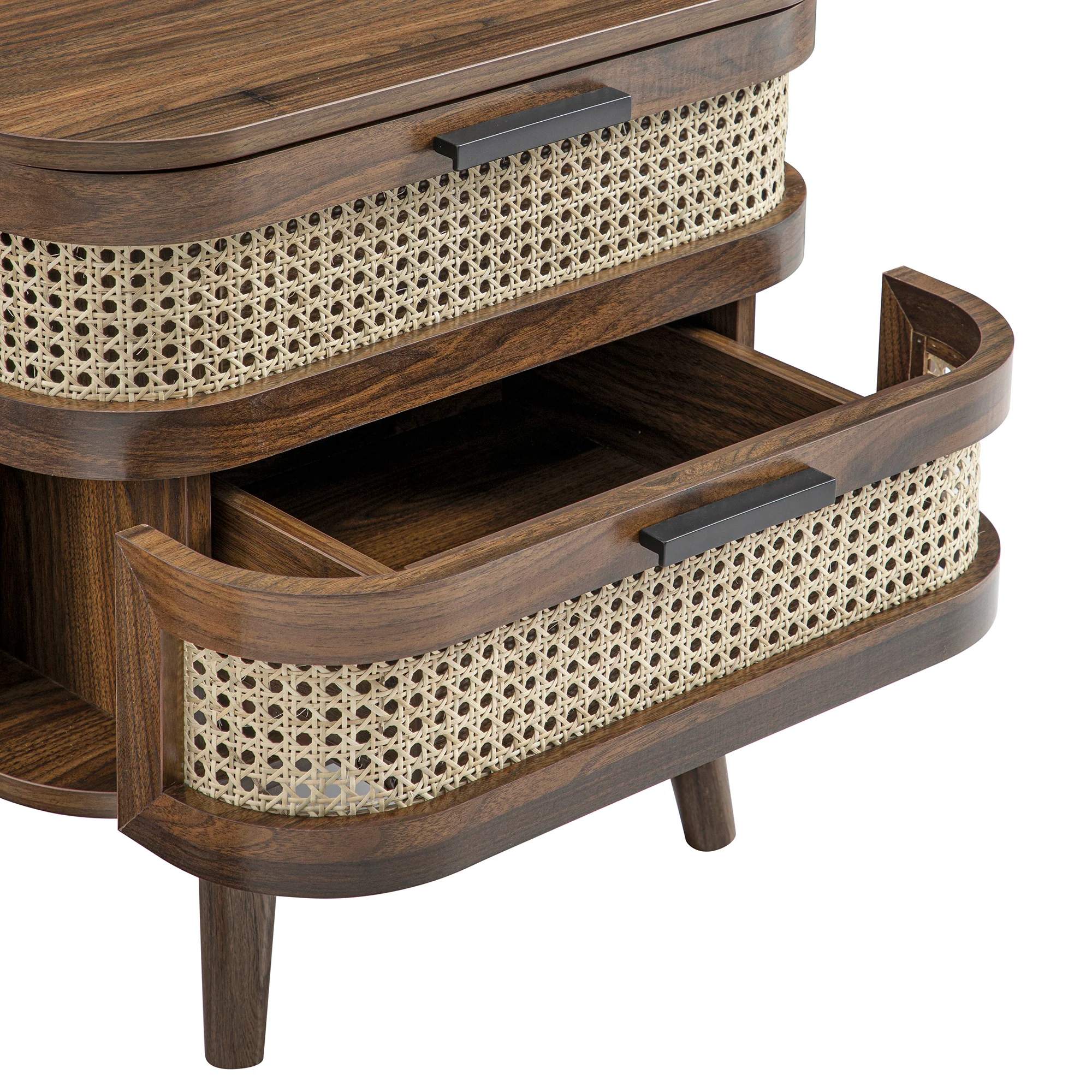 Izzy Curved Rattan 2-Drawer Bedside Table, Walnut - Image 14