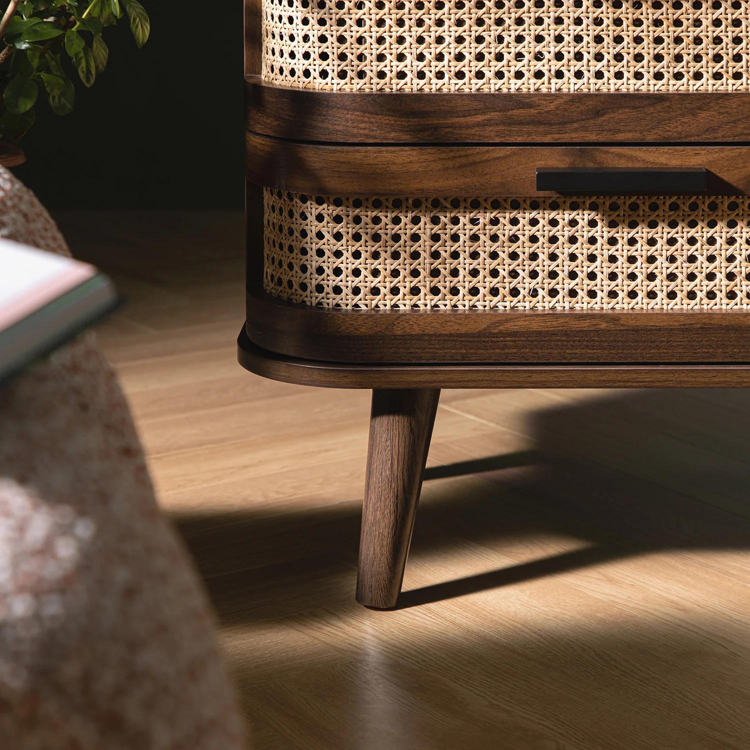 Izzy Curved Rattan 2-Drawer Bedside Table, Walnut - Image 5