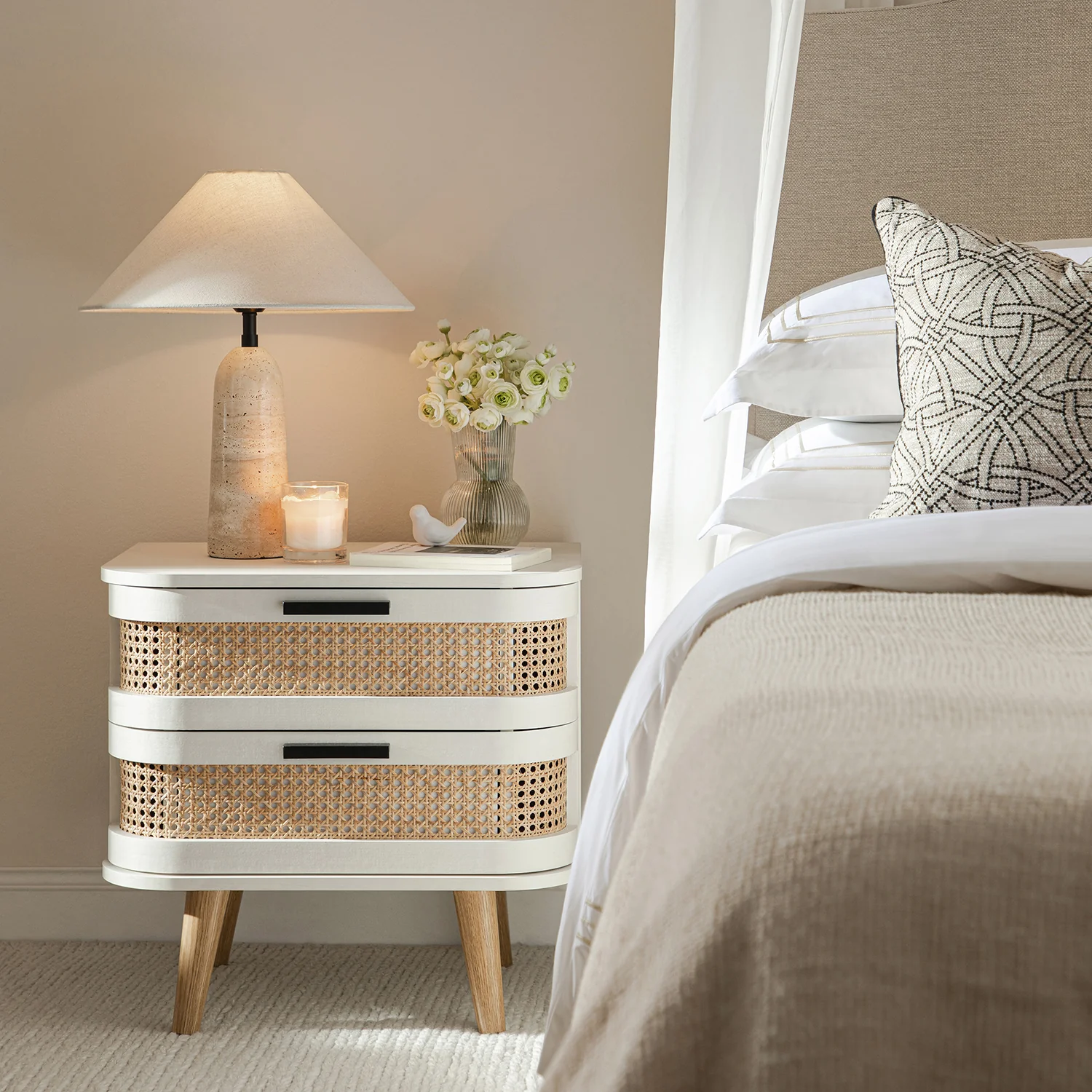 Izzy Curved Rattan 2-Drawer Bedside Table, White - Image 2