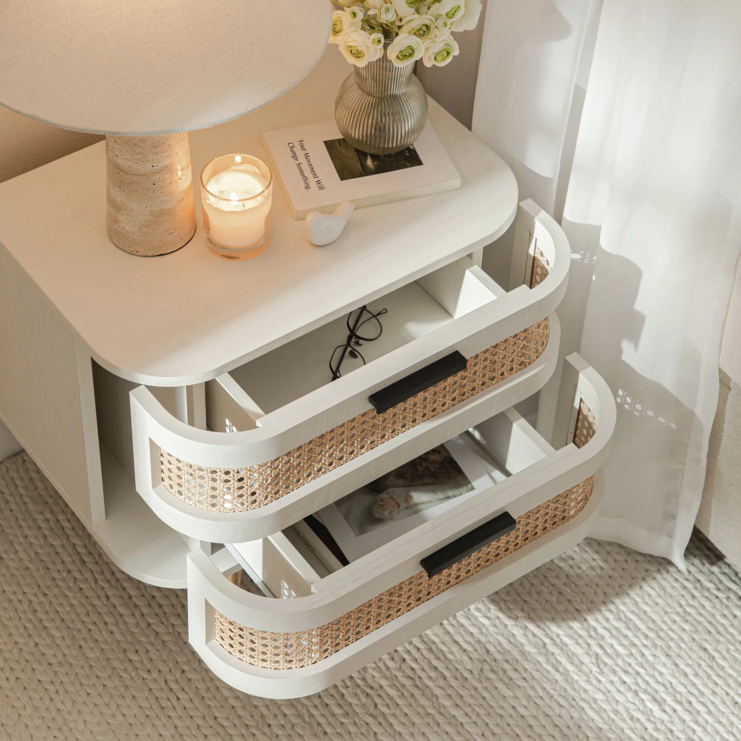 Izzy Curved Rattan 2-Drawer Bedside Table, White - Image 3