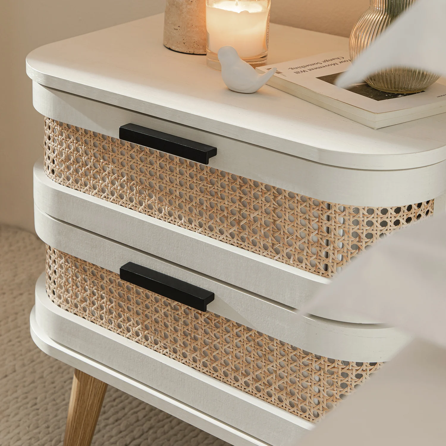 Izzy Curved Rattan 2-Drawer Bedside Table, White - Image 4