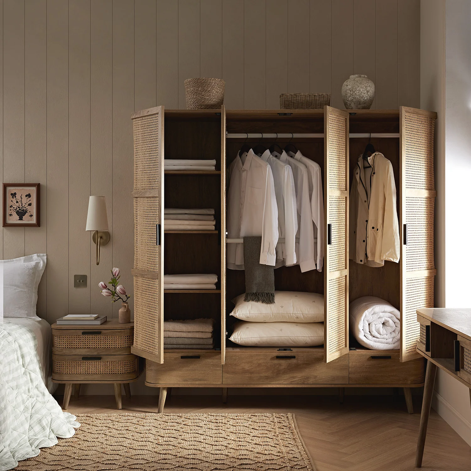 Izzy Curved Rattan 4-Door Wardrobe, Natural - Image 3